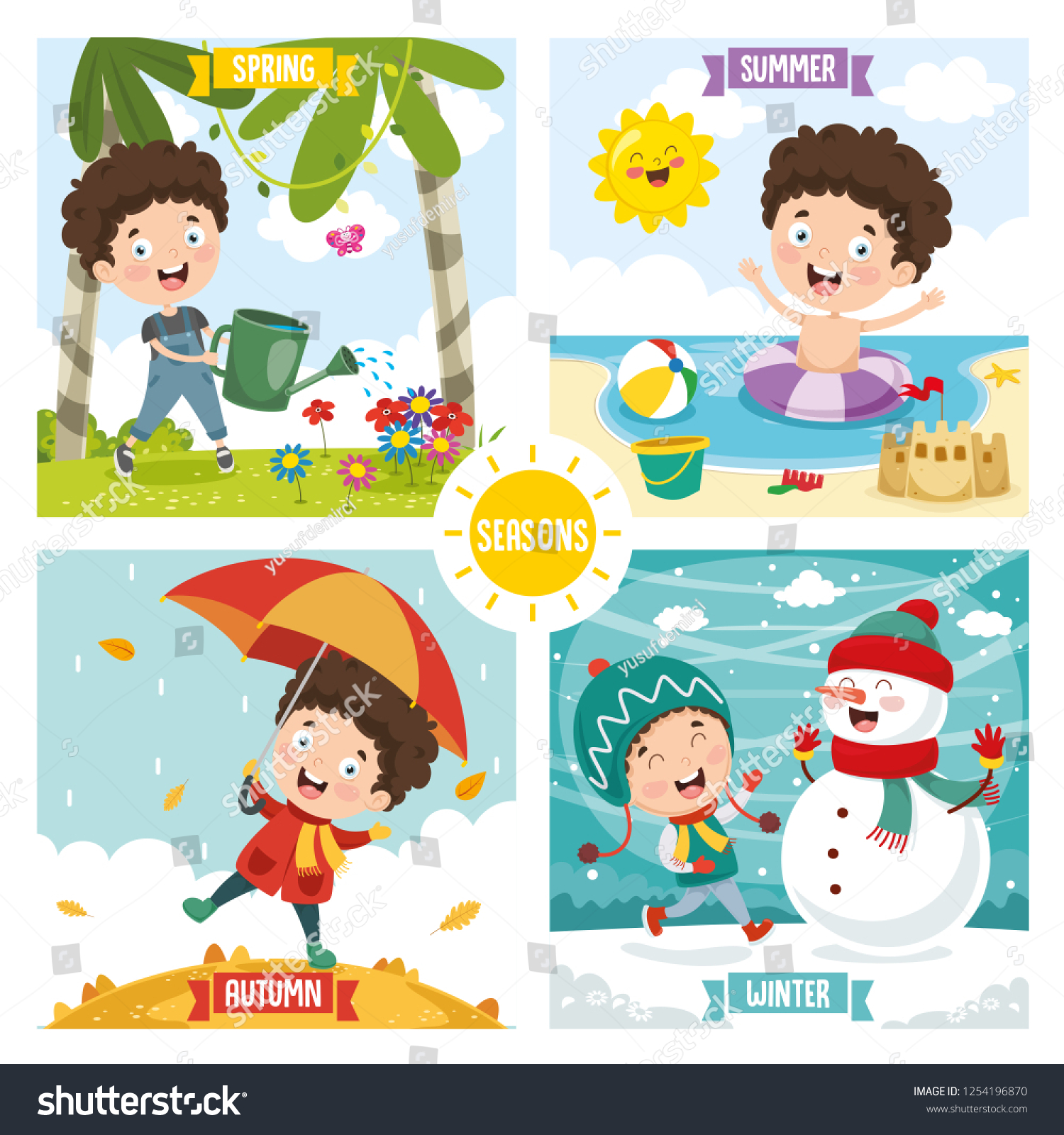 Hakuun Vector Illustration Kid Four Seasons Liittyva Vektorikuva Rojaltivapaa 1254196870