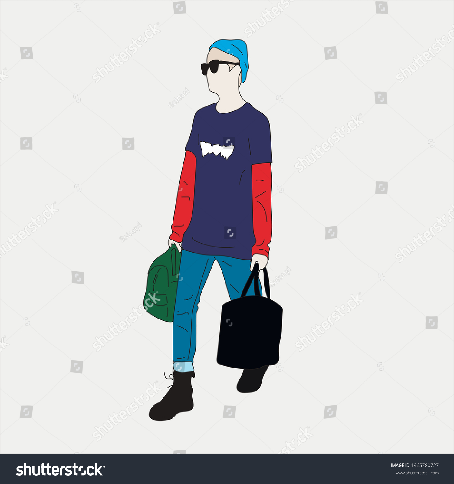 SVG of Vector illustration of Kpop street fashion. Street idols of Koreans. Kpop male fashion idol. A guy in blue jeans and a blue hoodie,with a black and green bag. svg