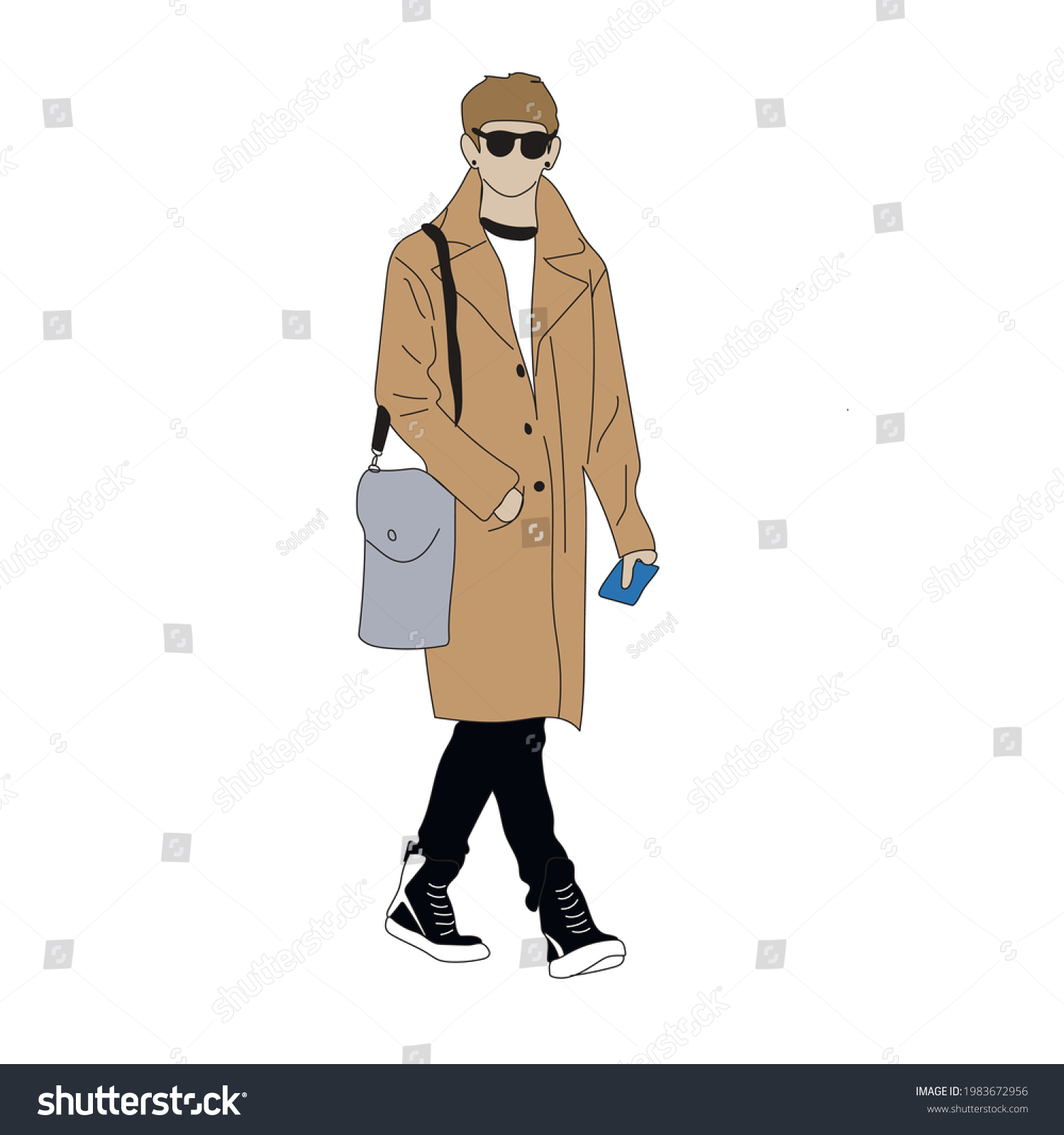 SVG of Vector illustration of Kpop street fashion. Street idols of Koreans. Kpop male fashion idol. A guy in a beige coat with black trousers. svg