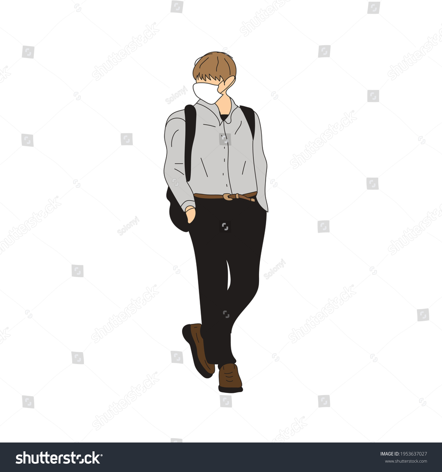 SVG of Vector illustration of Kpop street fashion. Street idols of Koreans. Kpop male idol fashion. A guy in a gray shirt and black pants with a backpack. svg