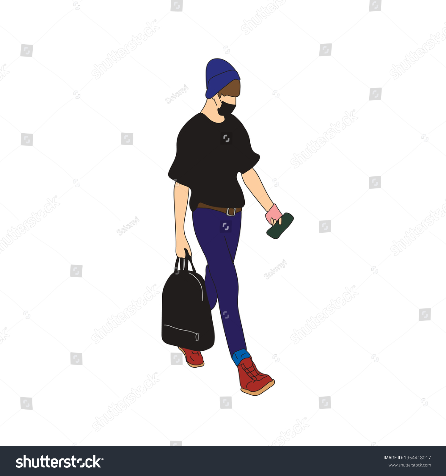 SVG of Vector illustration of Kpop street fashion. Street idols of Koreans. Kpop male idol fashion. A guy in blue jeans and a black T-shirt and carrying a black bag. svg