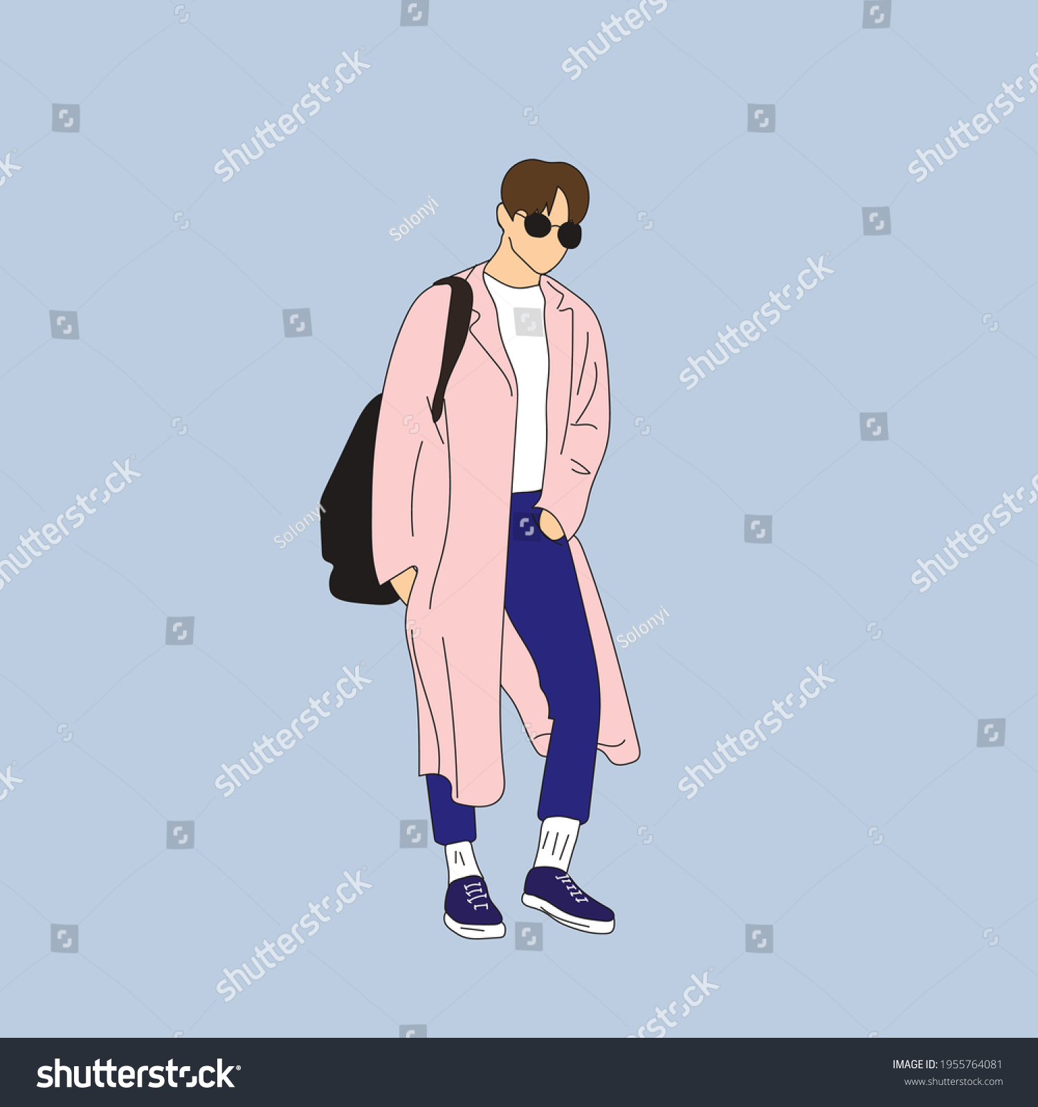 SVG of Vector illustration of Kpop street fashion. Street idols of Koreans. Kpop male idol fashion. A guy in blue jeans and a pink raincoat.	 svg