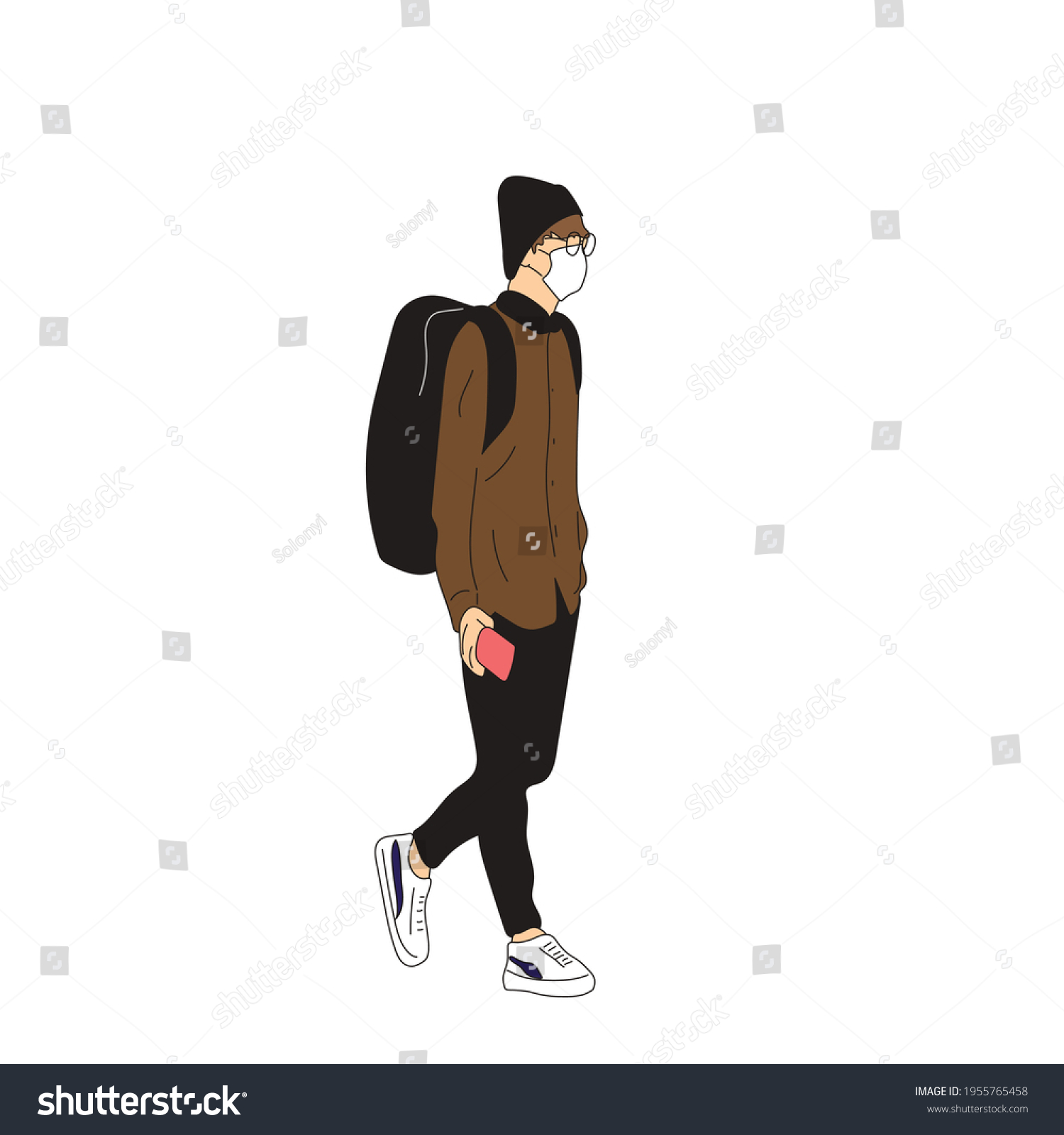 SVG of Vector illustration of Kpop street fashion. Street idols of Koreans. Kpop male idol fashion. A guy in black pants and a brown shirt.	 svg
