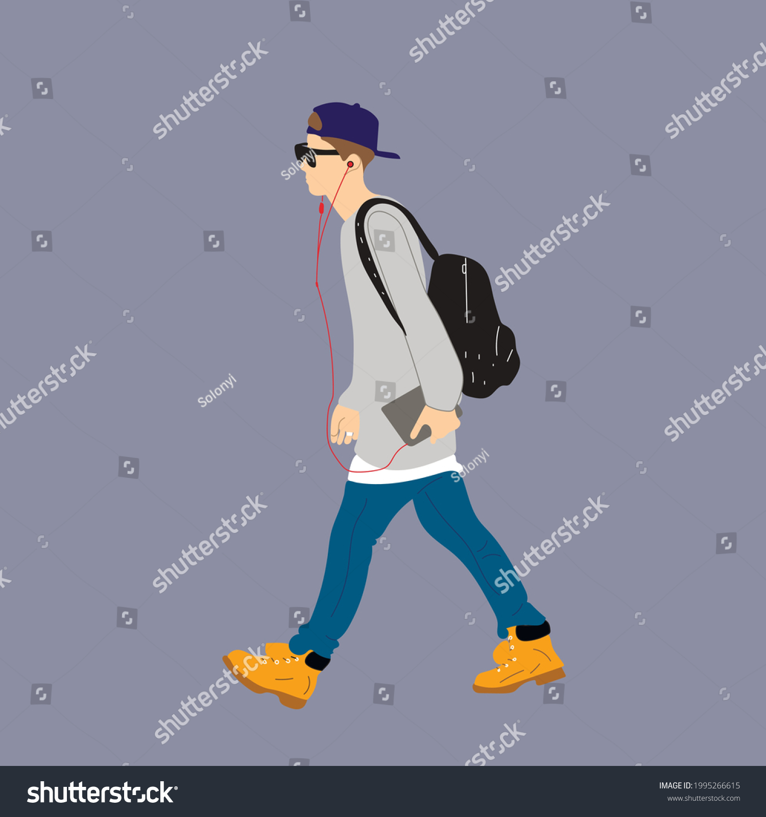 SVG of Vector illustration of Kpop street fashion. Street idols of Koreans. Kpop male idol fashion. A guy in blue jeans and a gray sweatshirt, a backpack on his back. svg