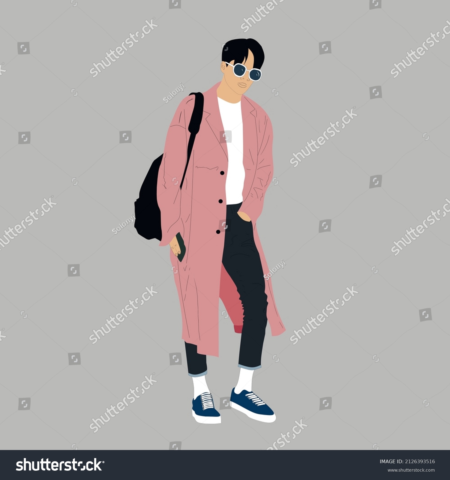 SVG of Vector illustration of Kpop street fashion. Street idols of Koreans. Kpop male idol fashion. A guy in blue jeans and a pink raincoat. svg