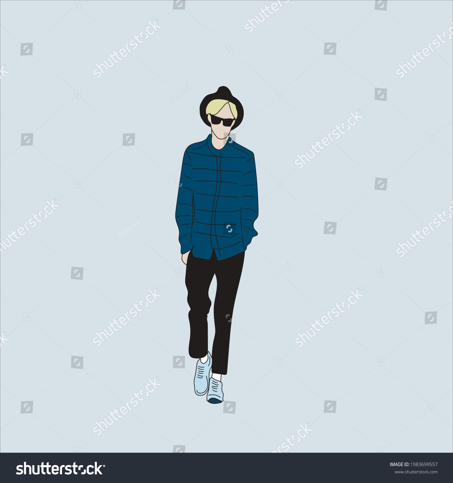 SVG of Vector illustration of Kpop street fashion. Street idols of Koreans. Kpop men's fashion idol. A guy in a blue shirt and black pants. svg
