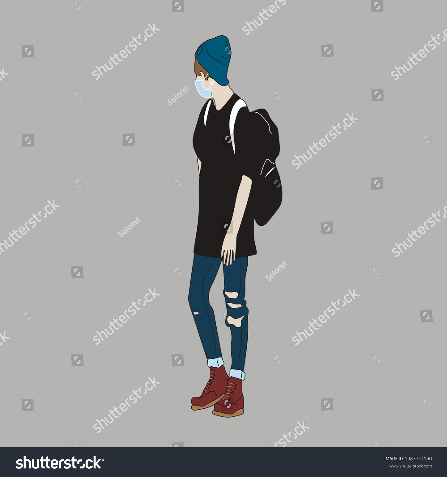 SVG of Vector illustration of Kpop street fashion. Street idols of Koreans. Kpop men's fashion idol. A guy in a black T-shirt and blue jeans. svg