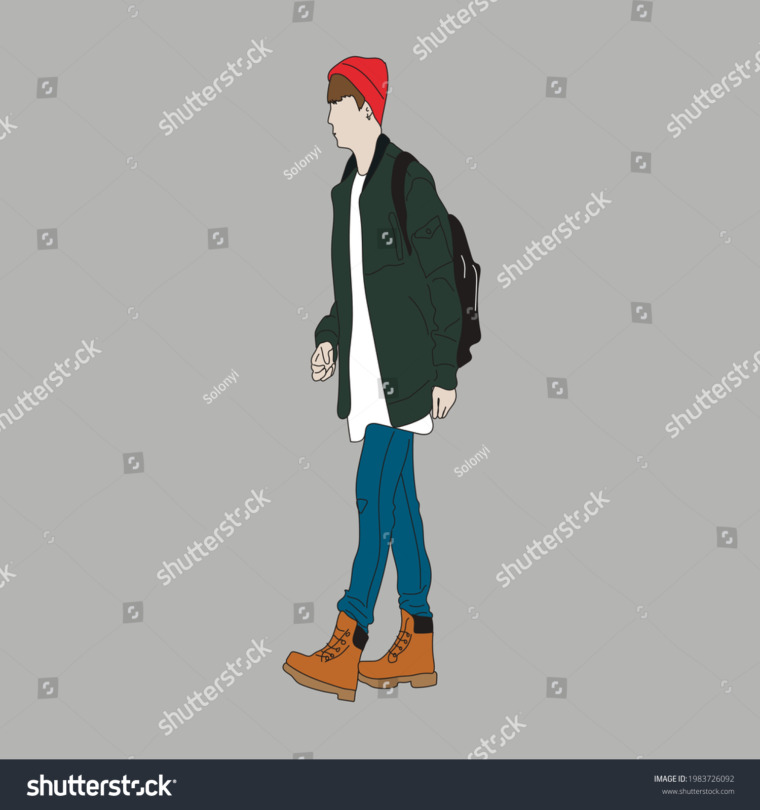 SVG of Vector illustration of Kpop street fashion. Street idols of Koreans. Kpop men's fashion idol. A guy in a green jacket and blue jeans. svg