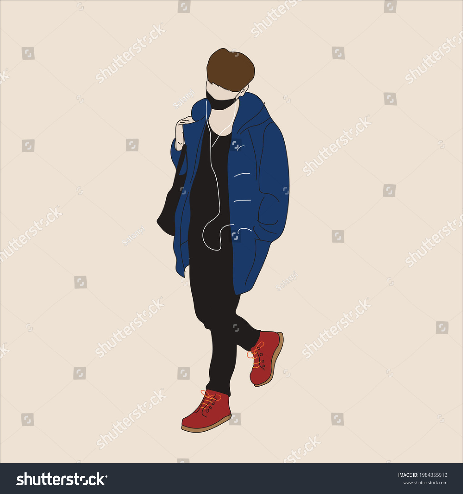 SVG of Vector illustration of Kpop street fashion. Street idols of Koreans. Kpop men's fashion idol. A guy in a blue jacket and black jeans and a black mask. svg