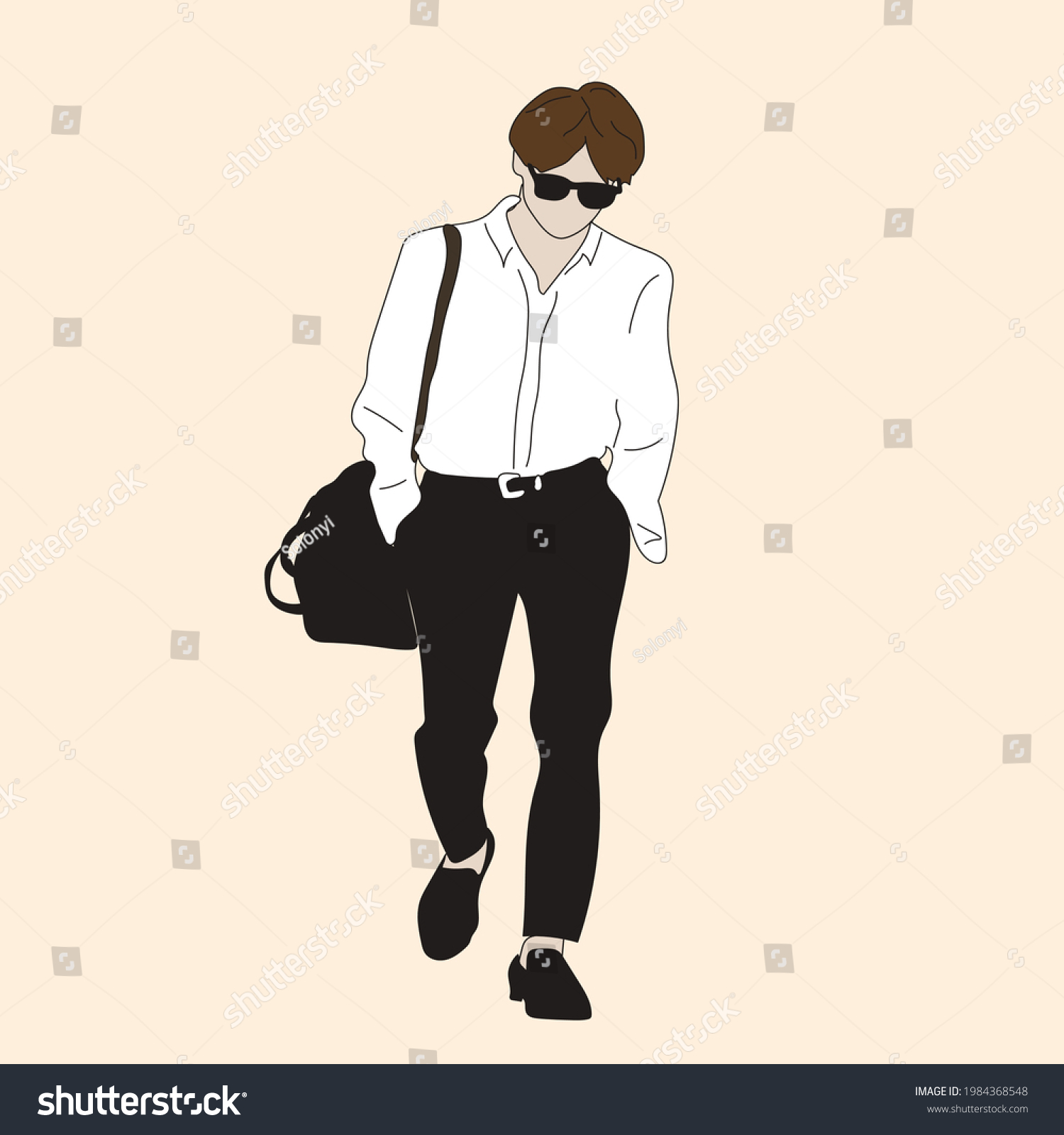 SVG of Vector illustration of Kpop street fashion. Street idols of Koreans. Kpop men's fashion idol. A guy in black pants and a white shirt. svg