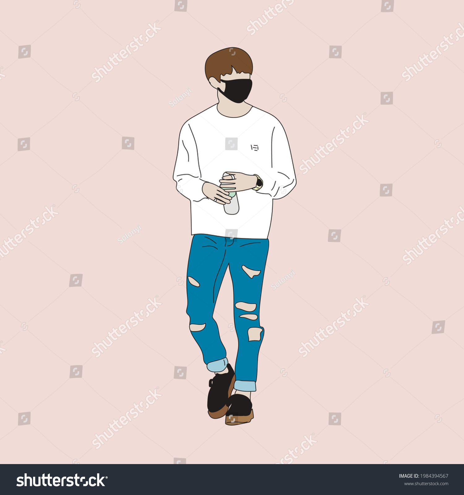 SVG of Vector illustration of Kpop street fashion. Street idols of Koreans. Kpop men's fashion idol. A guy in blue jeans and a white sweatshirt. svg