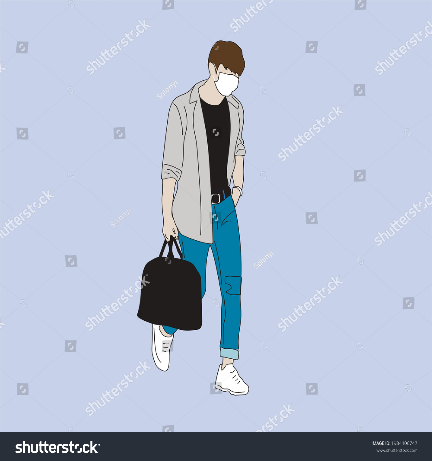 SVG of Vector illustration of Kpop street fashion. Street idols of Koreans. Kpop men's fashion idol. A guy in blue jeans and a gray hoodie and a white mask. svg