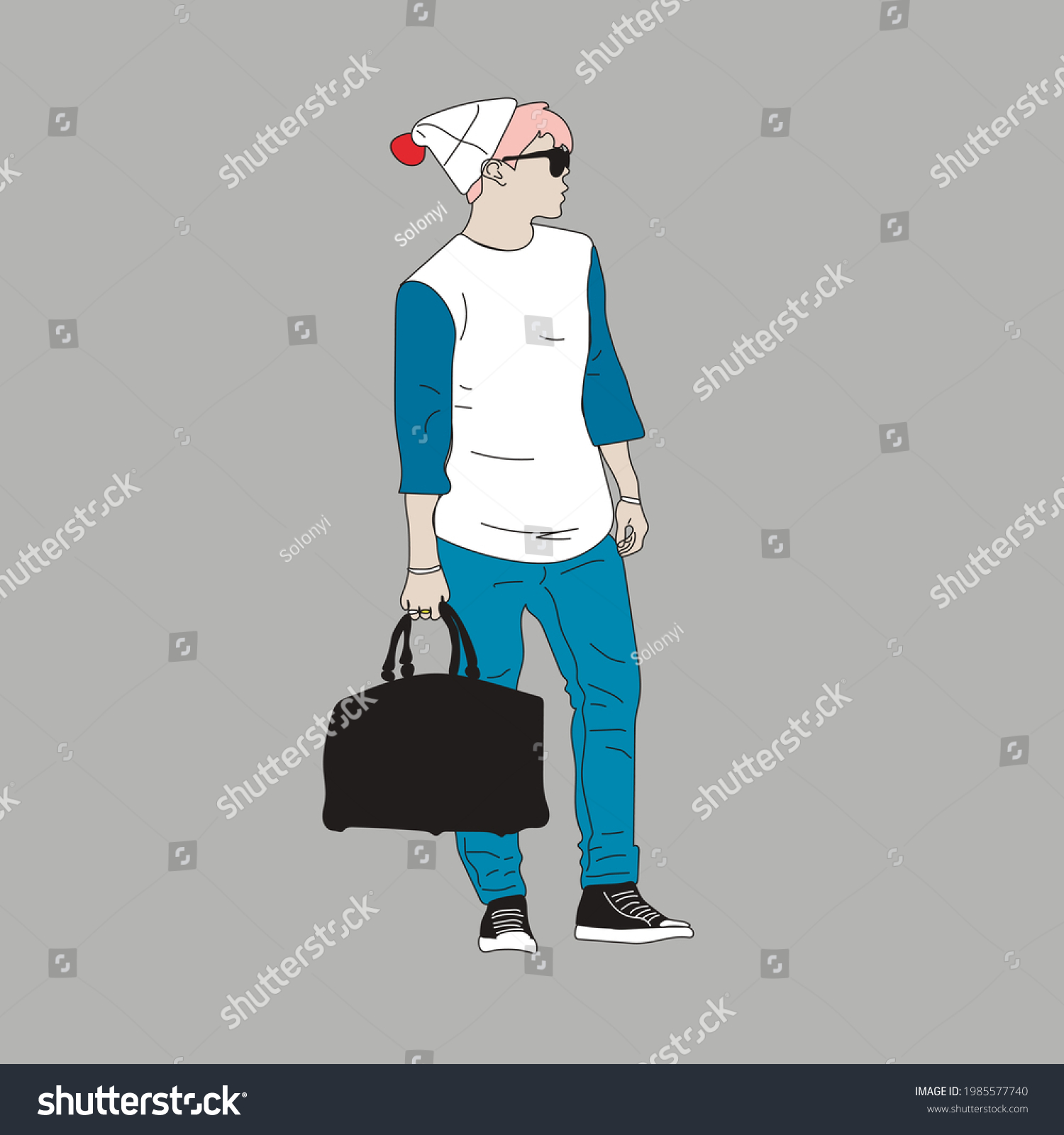 SVG of Vector illustration of Kpop street fashion. Street idols of Koreans. Kpop men's fashion idol. A guy in jeans and a white hat with a black bag. svg