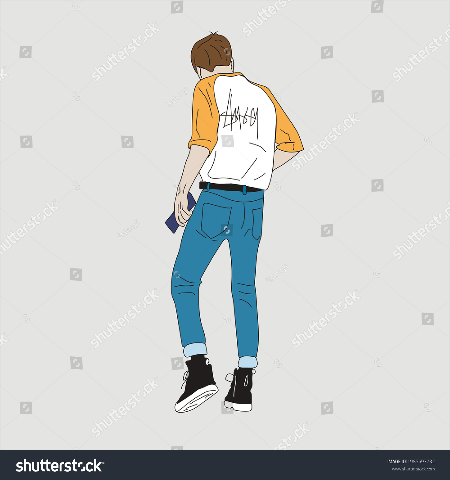 SVG of Vector illustration of Kpop street fashion. Street idols of Koreans. Kpop men's fashion idol. A guy in jeans and a white sweatshirt with yellow sleeves. svg