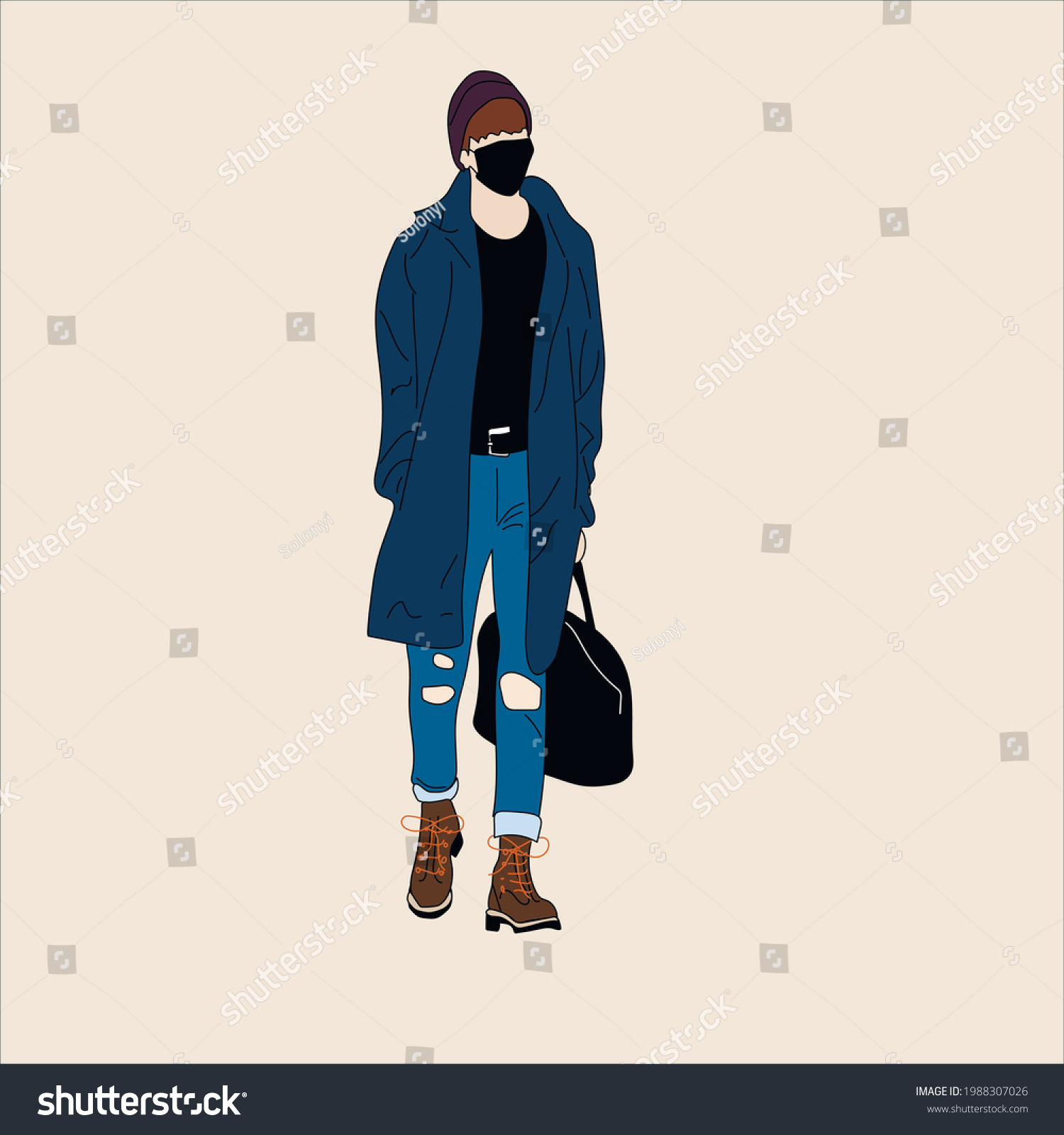 SVG of Vector illustration of Kpop street fashion. Street idols of Koreans. Kpop men's fashion idol. A guy in blue jeans and a raincoat and boots with a black bag and a mask on his face. svg