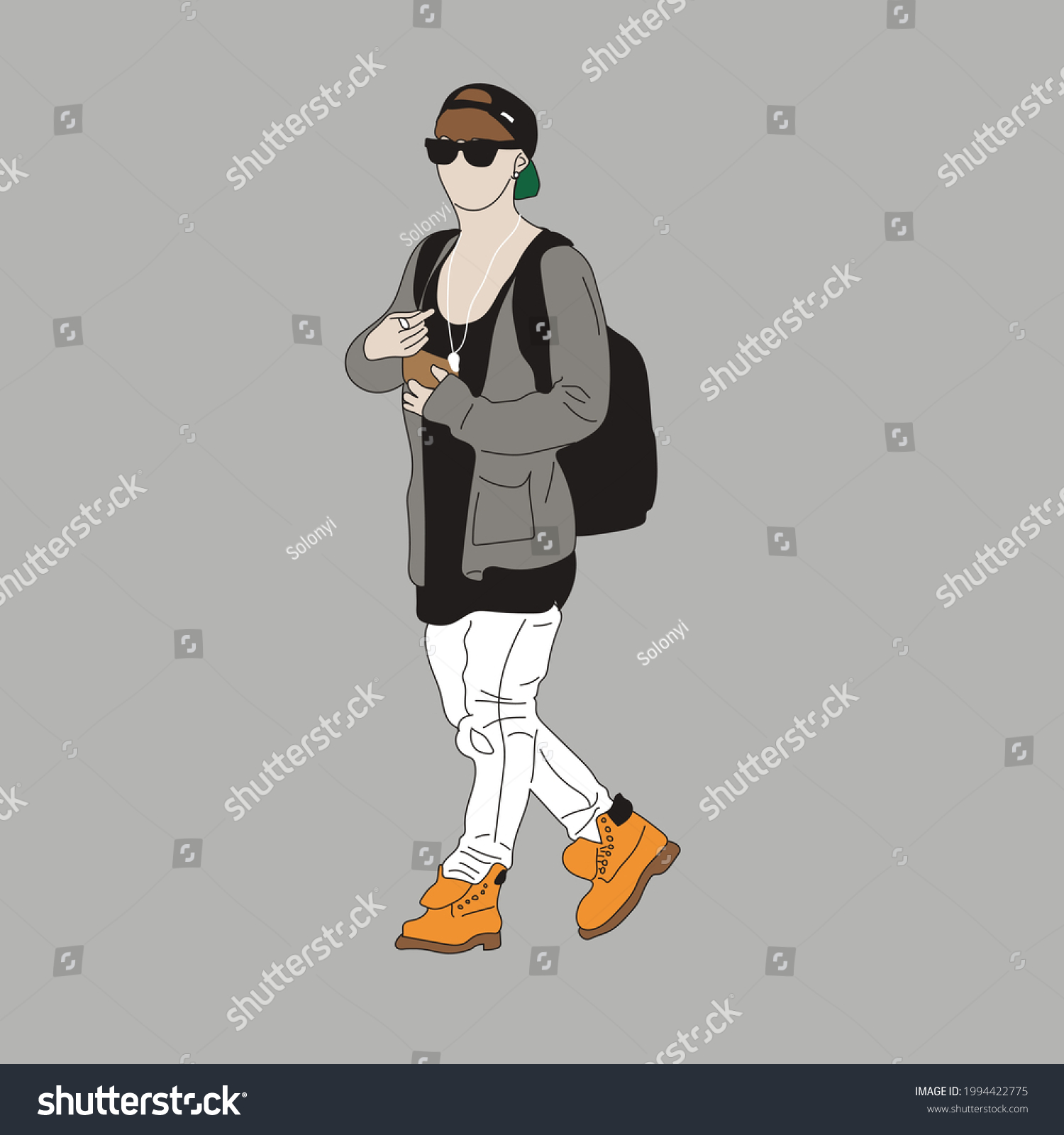 SVG of Vector illustration of Kpop street fashion. Street idols of Koreans. Kpop men's fashion idol.A guy in white jeans and a gray cardigan with boots and backpacks. svg
