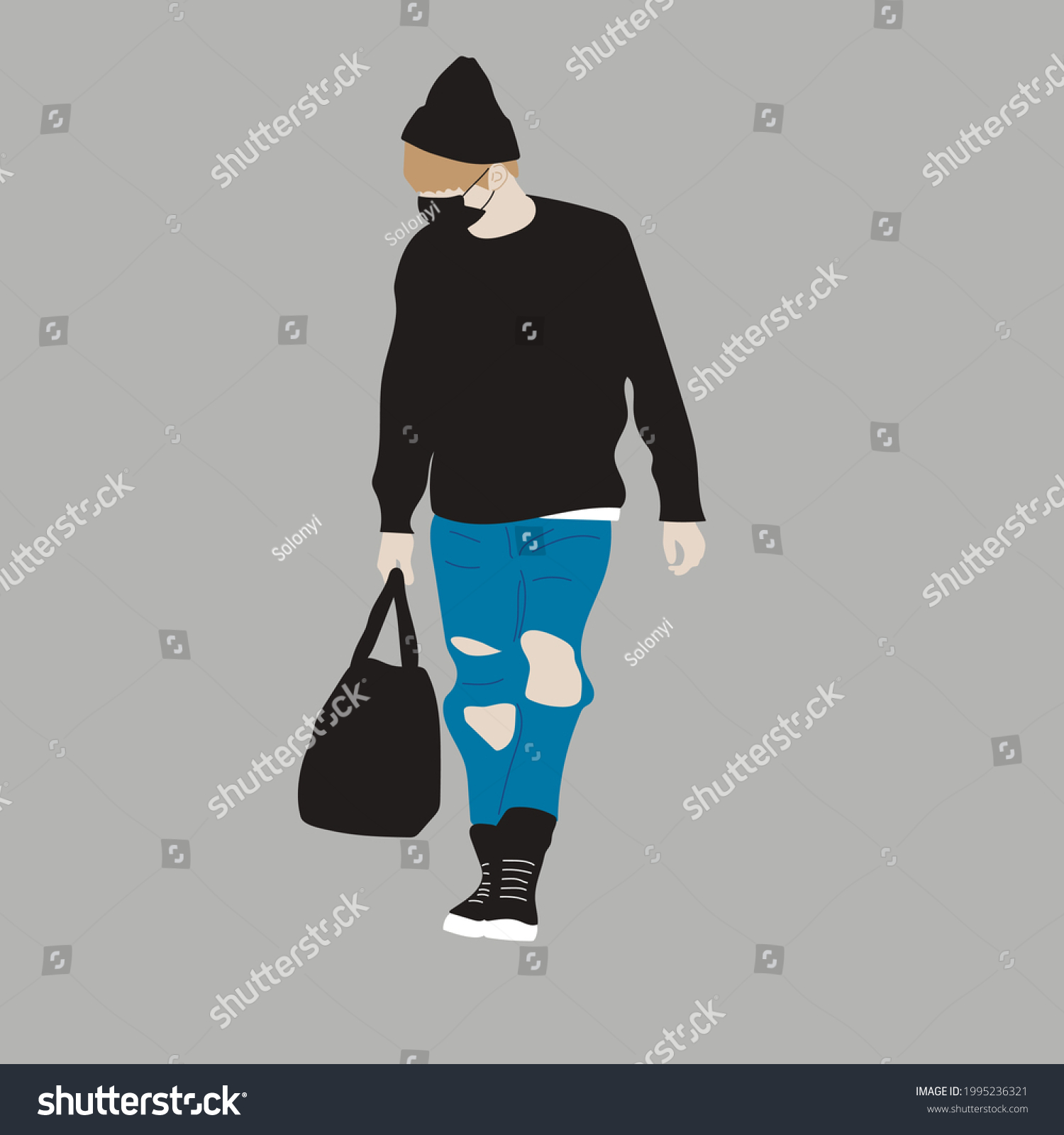 SVG of Vector illustration of Kpop street fashion. Street idols of Koreans. Kpop men's fashion idol. A guy in blue jeans and a black sweatshirt and with a bag and a mask on his face. svg