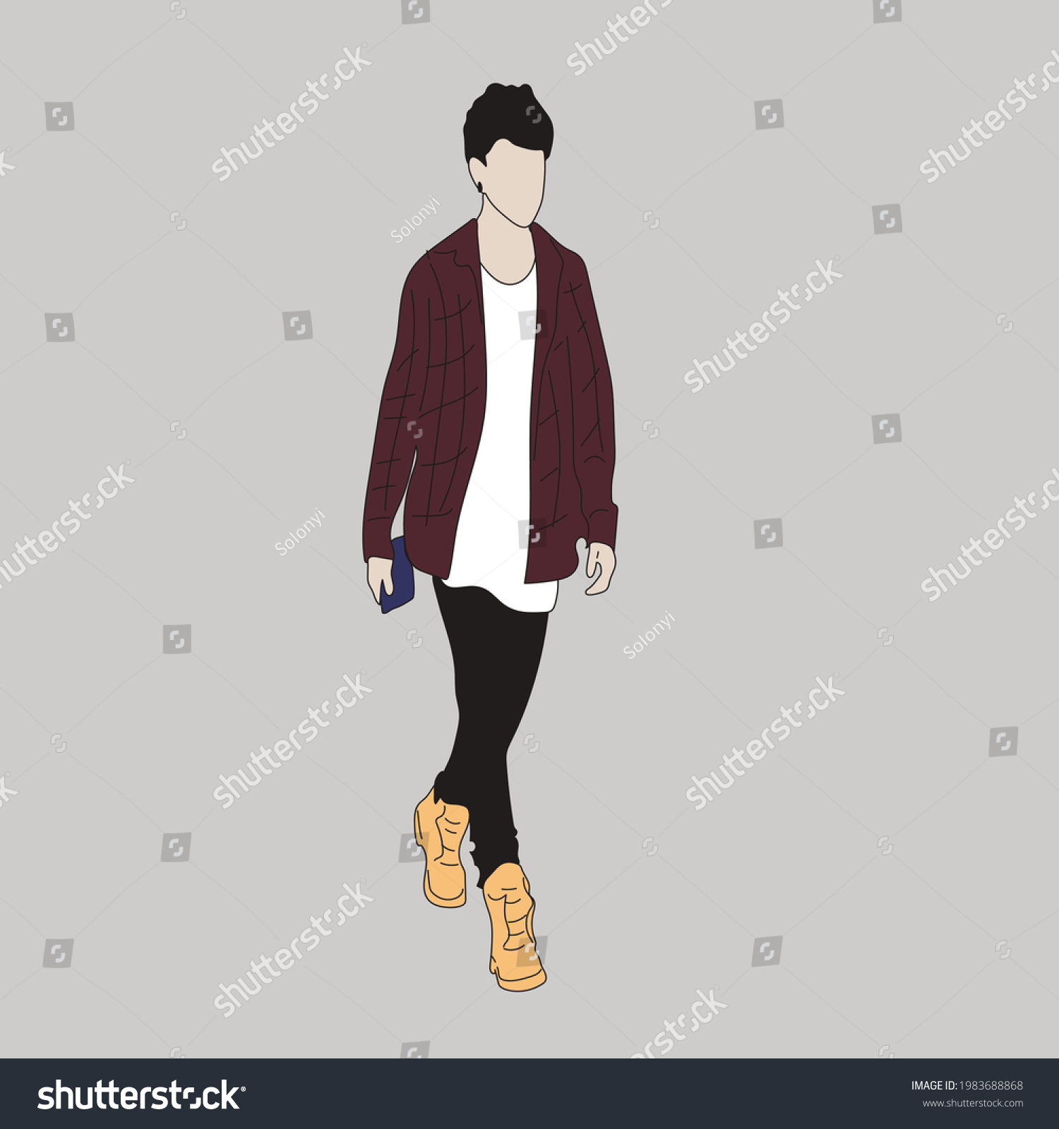 SVG of Vector illustration of Kpop street fashion. Street idols of Koreans. Kpop men's fashion idol. The guy in the maroon shirt in the black pants. svg