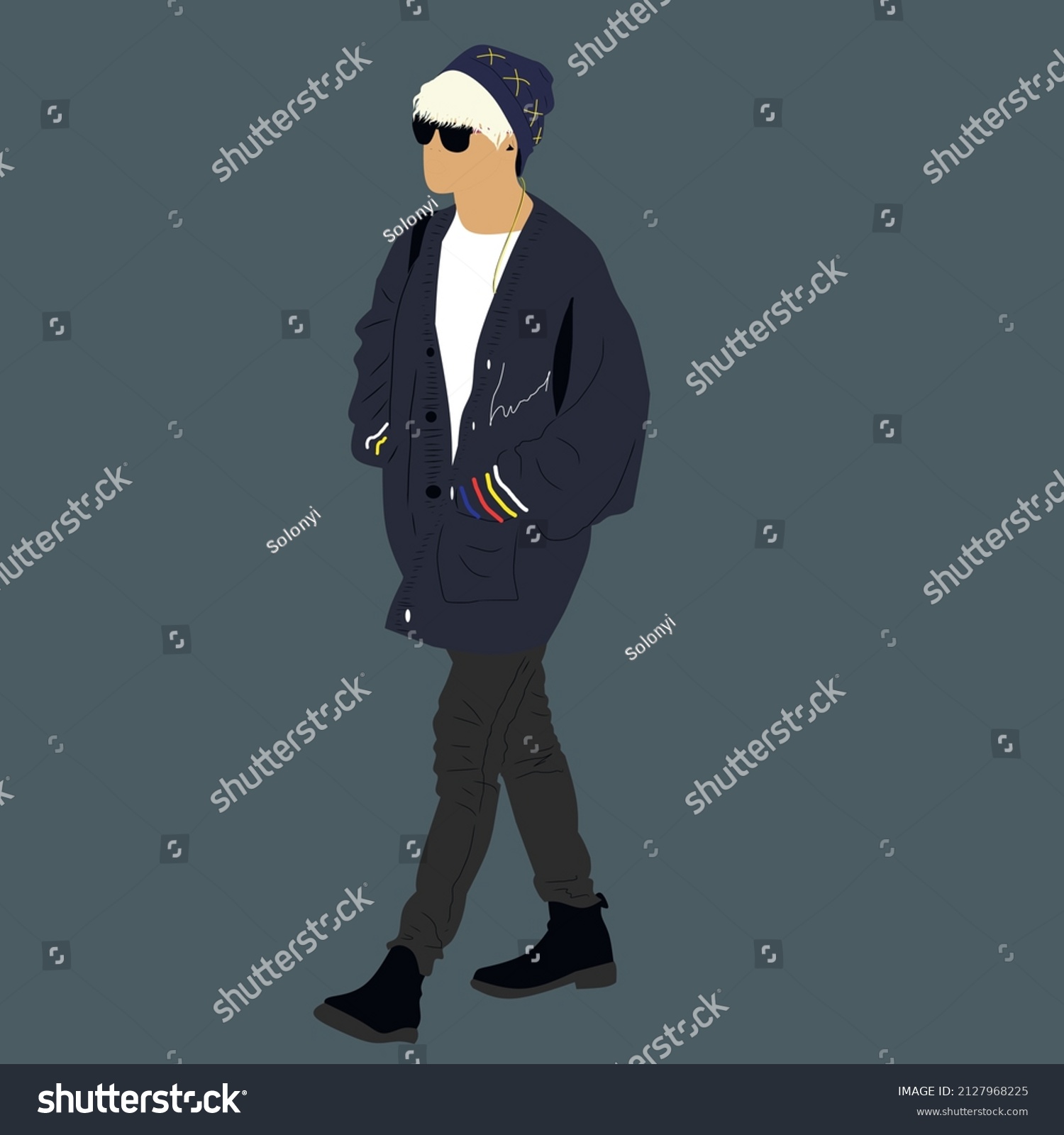 SVG of Vector illustration of Kpop street fashion. Street idols of Koreans. Kpop men's fashion idol. The guy is blond in a blue cardigan and trousers and a blue hat and with black glasses. svg