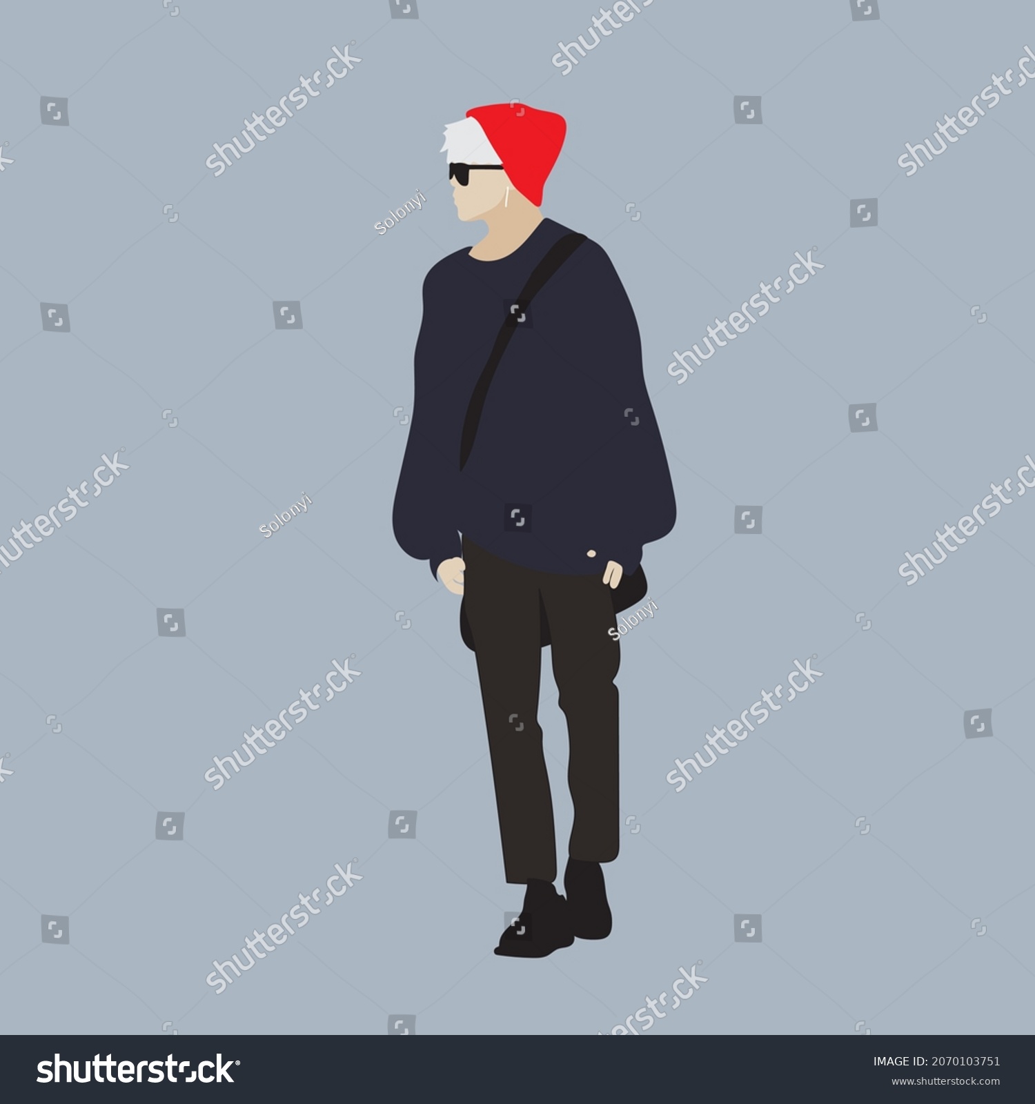 SVG of Vector illustration of Kpop street fashion. Street idols of Koreans. Men's fashion idols Kpop. A guy in black trousers and a red hat. svg