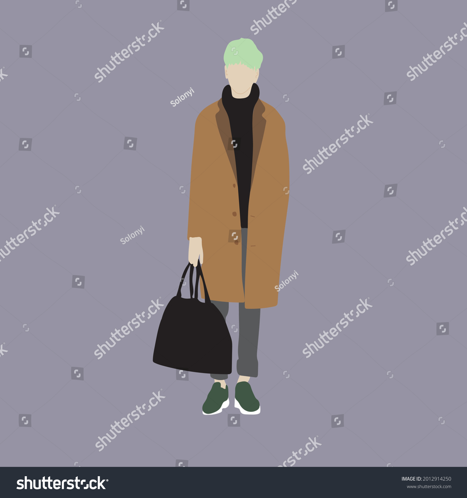 SVG of Vector illustration of Kpop street fashion. Street idols of Koreans. The idol of Kpop men's fashion. A guy in a brown coat and gray trousers with sneakers. svg