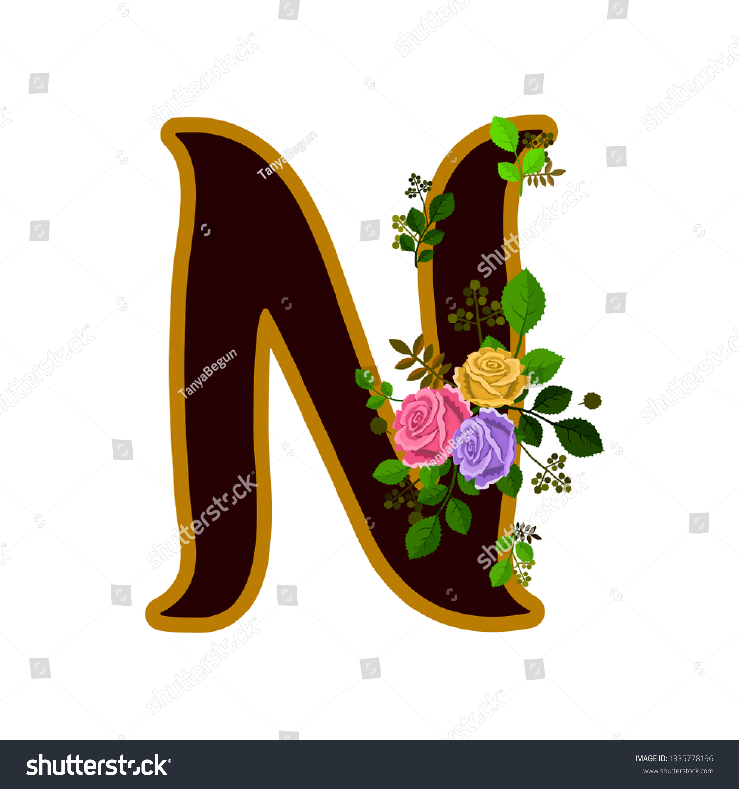 Vector Illustration Letter N Decorated Roses Stock Vector (Royalty Free ...