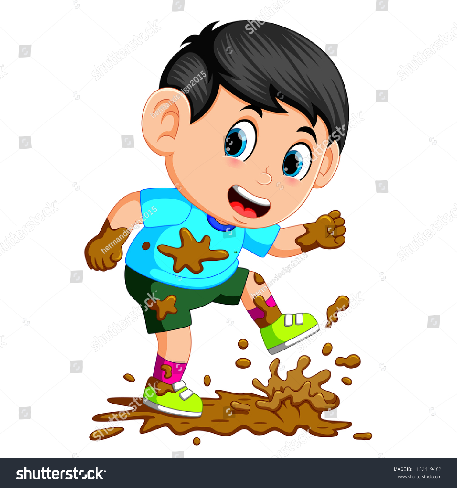 Vector Illustration Little Boy Running Mud Stock Vector (Royalty Free ...