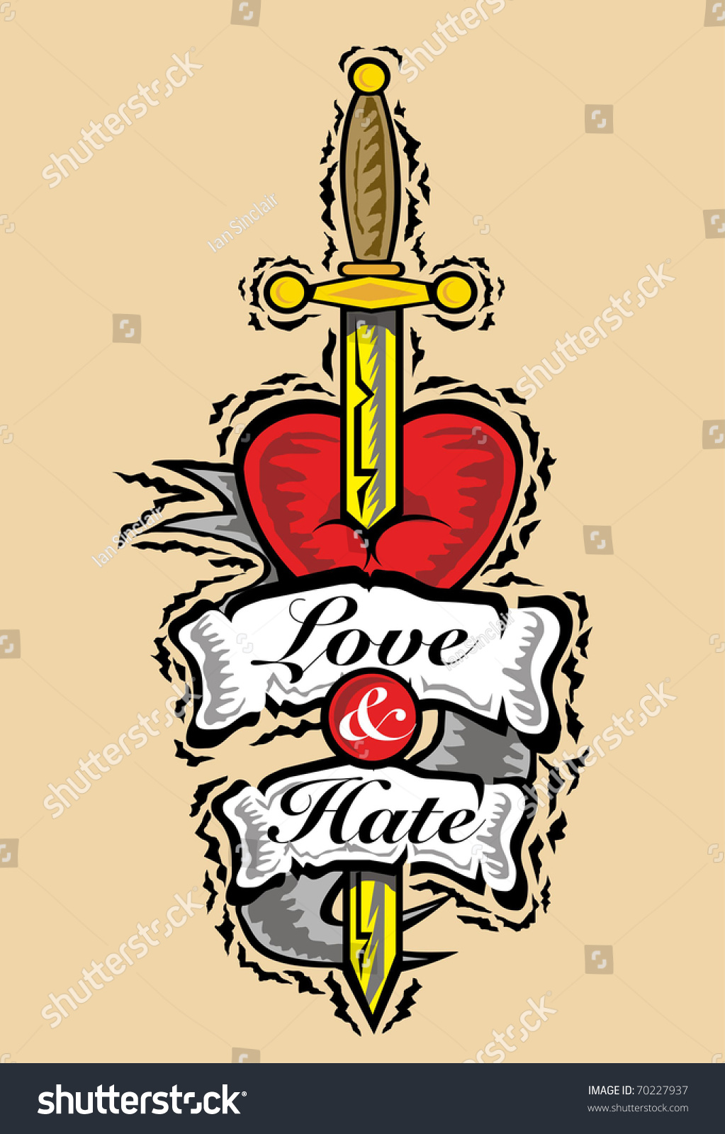 Vector Illustration Of Love & Hate Tattoo / Love & Hate Sword And Heart ...