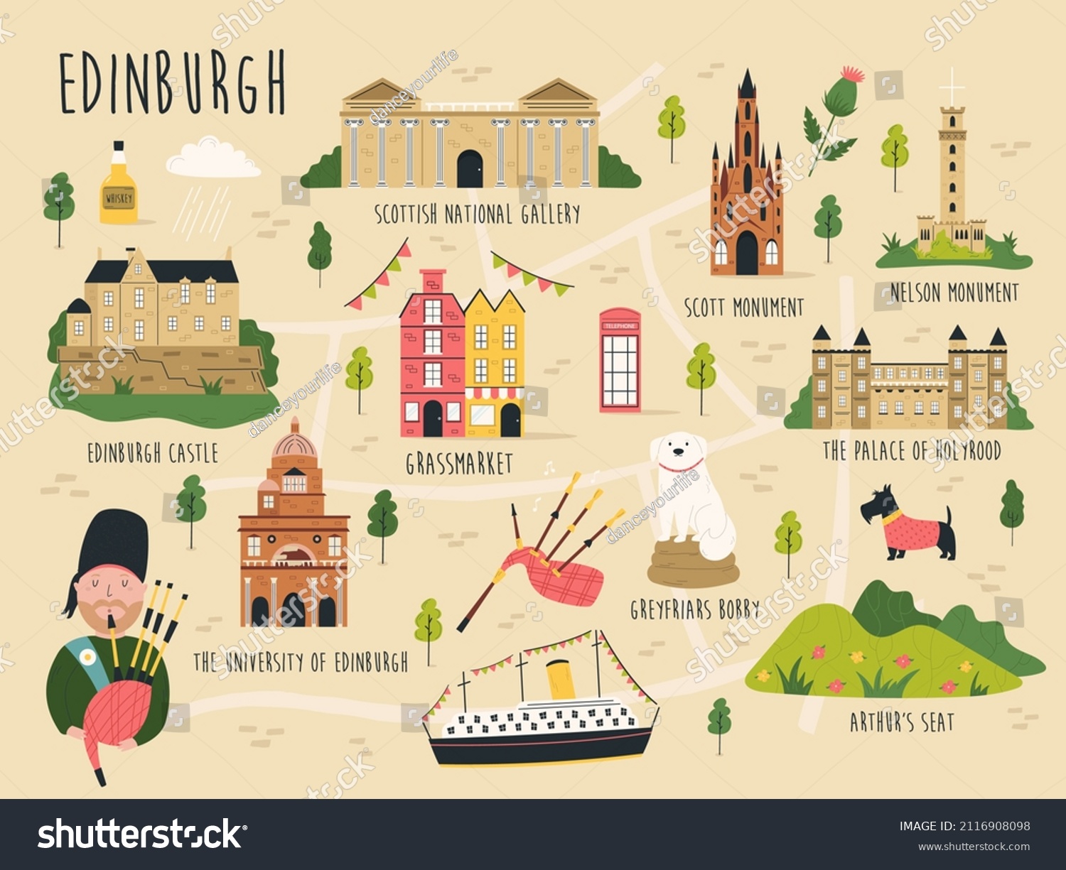 SVG of Vector illustration of map of Edinburgh with streets, symbols, famous landmarks. Bright design for tourist leaflets, magazines, posters. svg