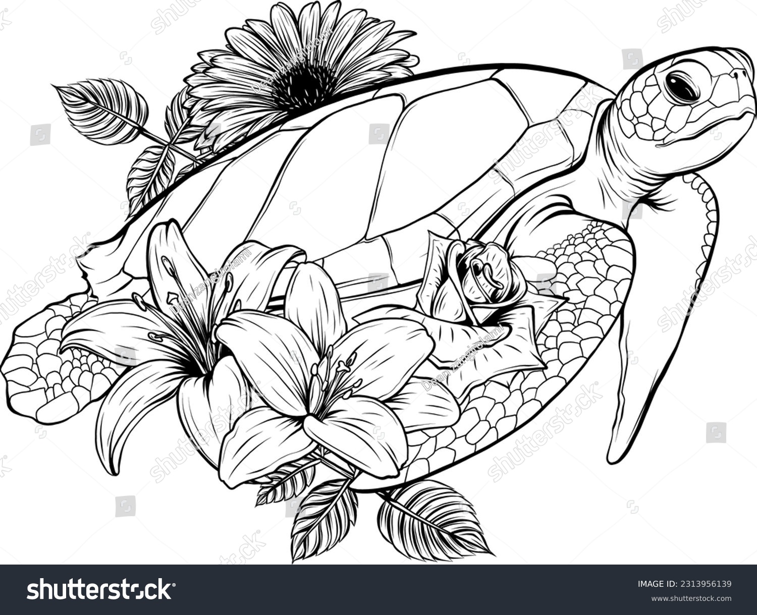 SVG of vector illustration of monochrome sea turtle with flower on white background svg