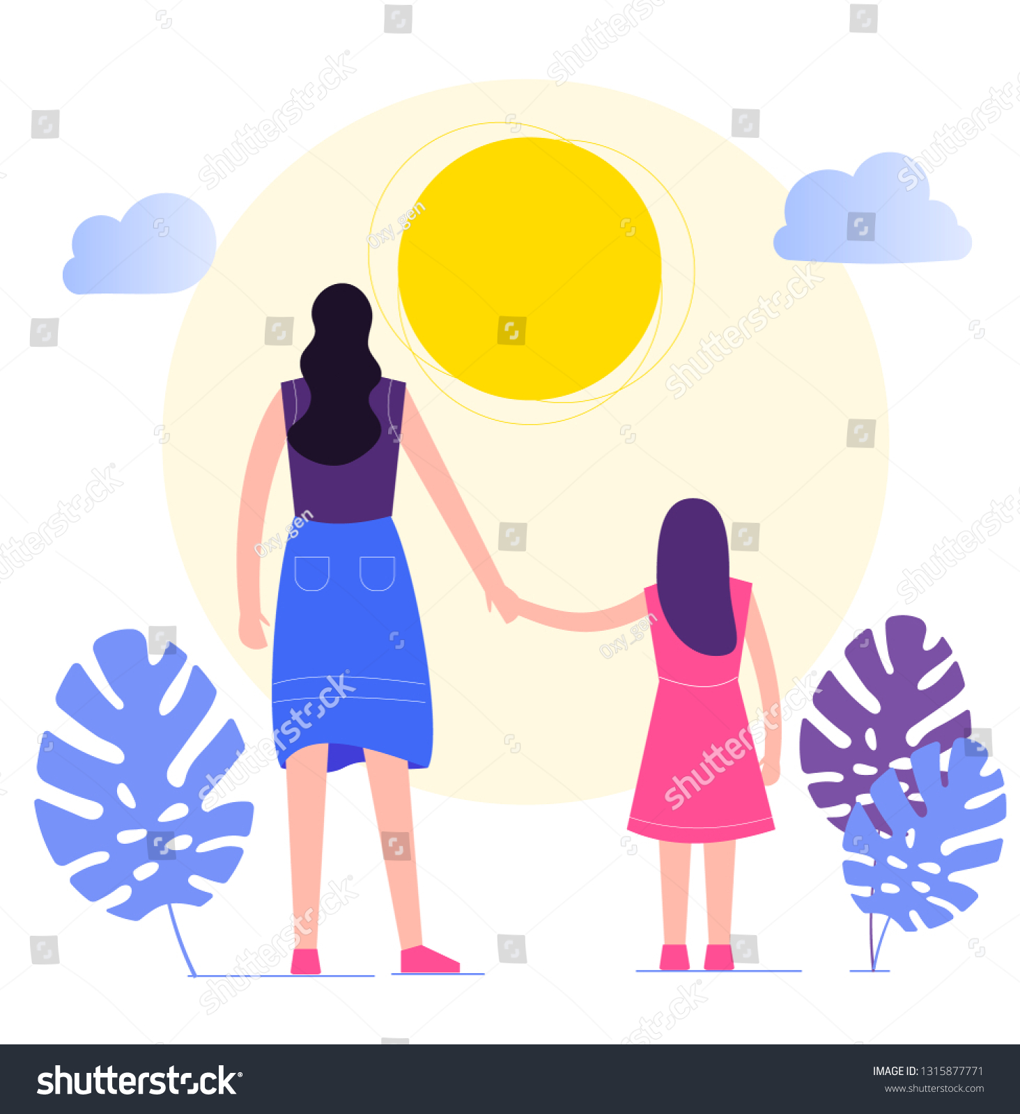 Vector Illustration Mother Daughter Holding Hands Stock Vector Royalty Free