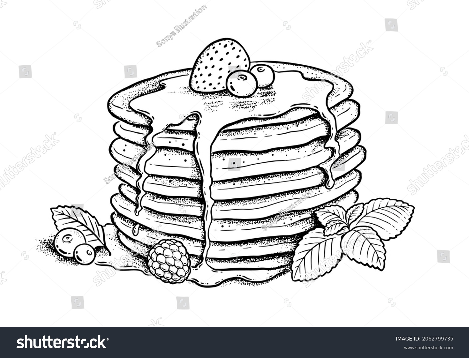 SVG of Vector illustration of Pancakes with mint leaf and berries. Vintage style drawing isolated on white background. svg