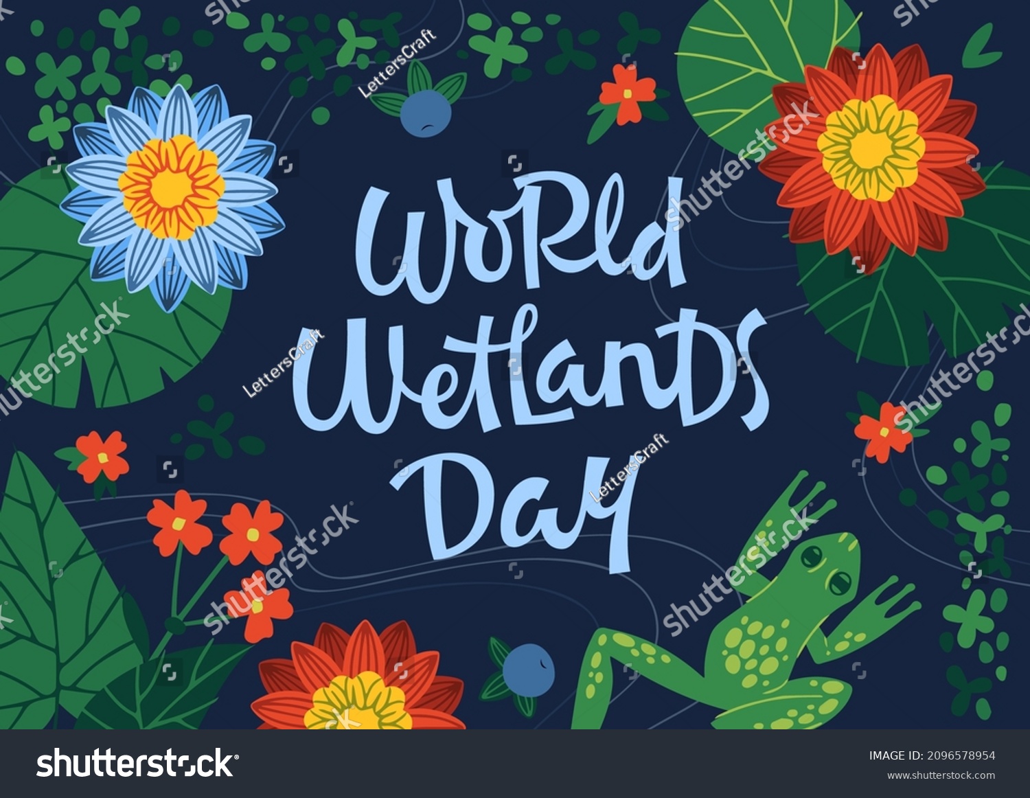 SVG of Vector illustration of poster with phrase World Wetlands Day and frog swimming in swamp with water lily flowers on dark blue background svg