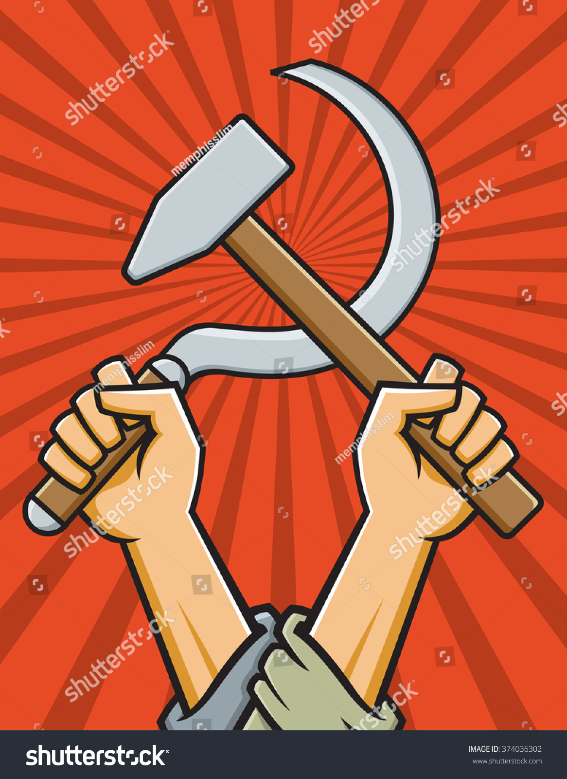 Vector Illustration Of Raised Fists Holding Crossed Hammer And Sickle ...