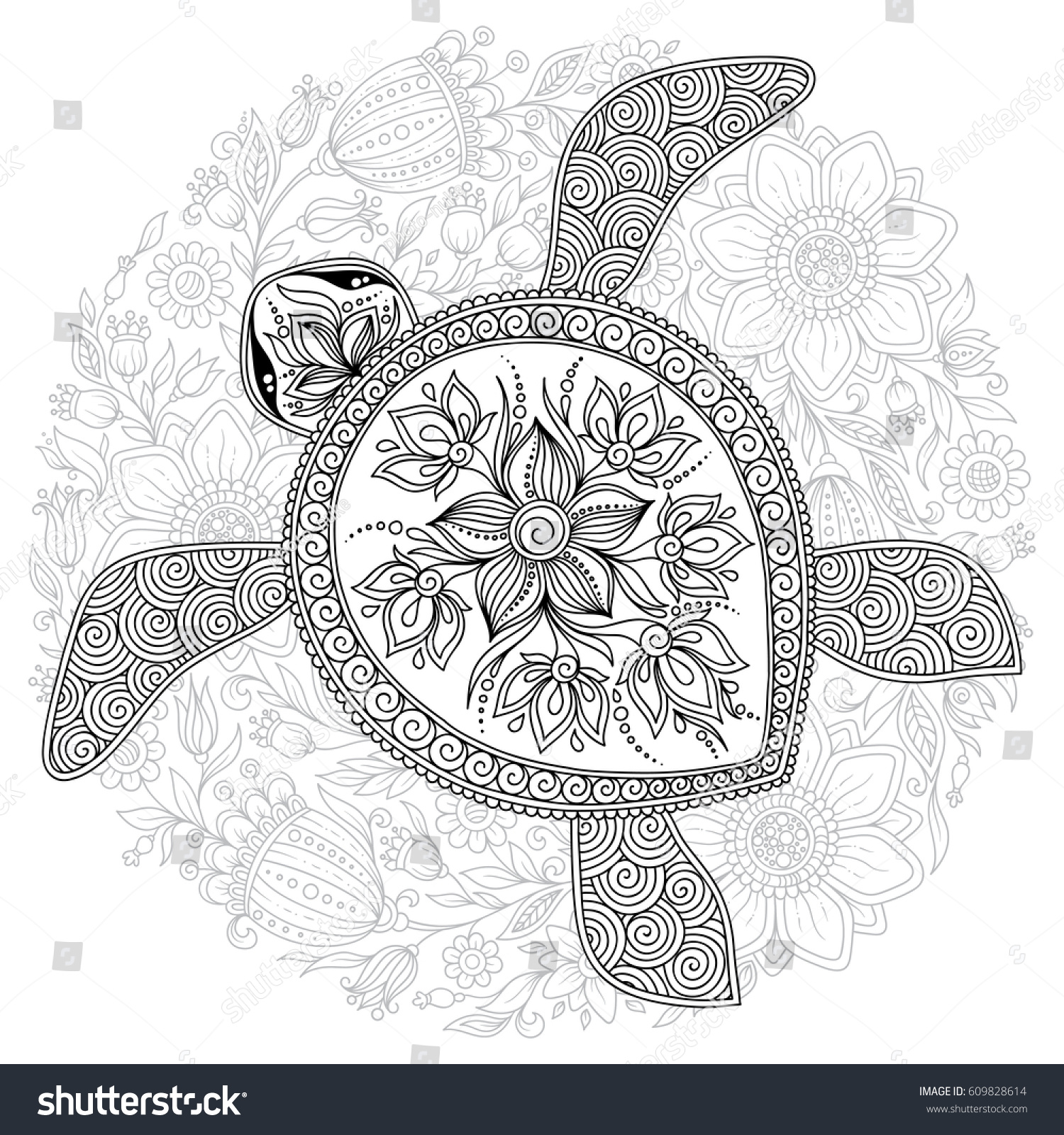 Vector illustration of sea turtle for Coloring book pages for kids and adults Tattoo