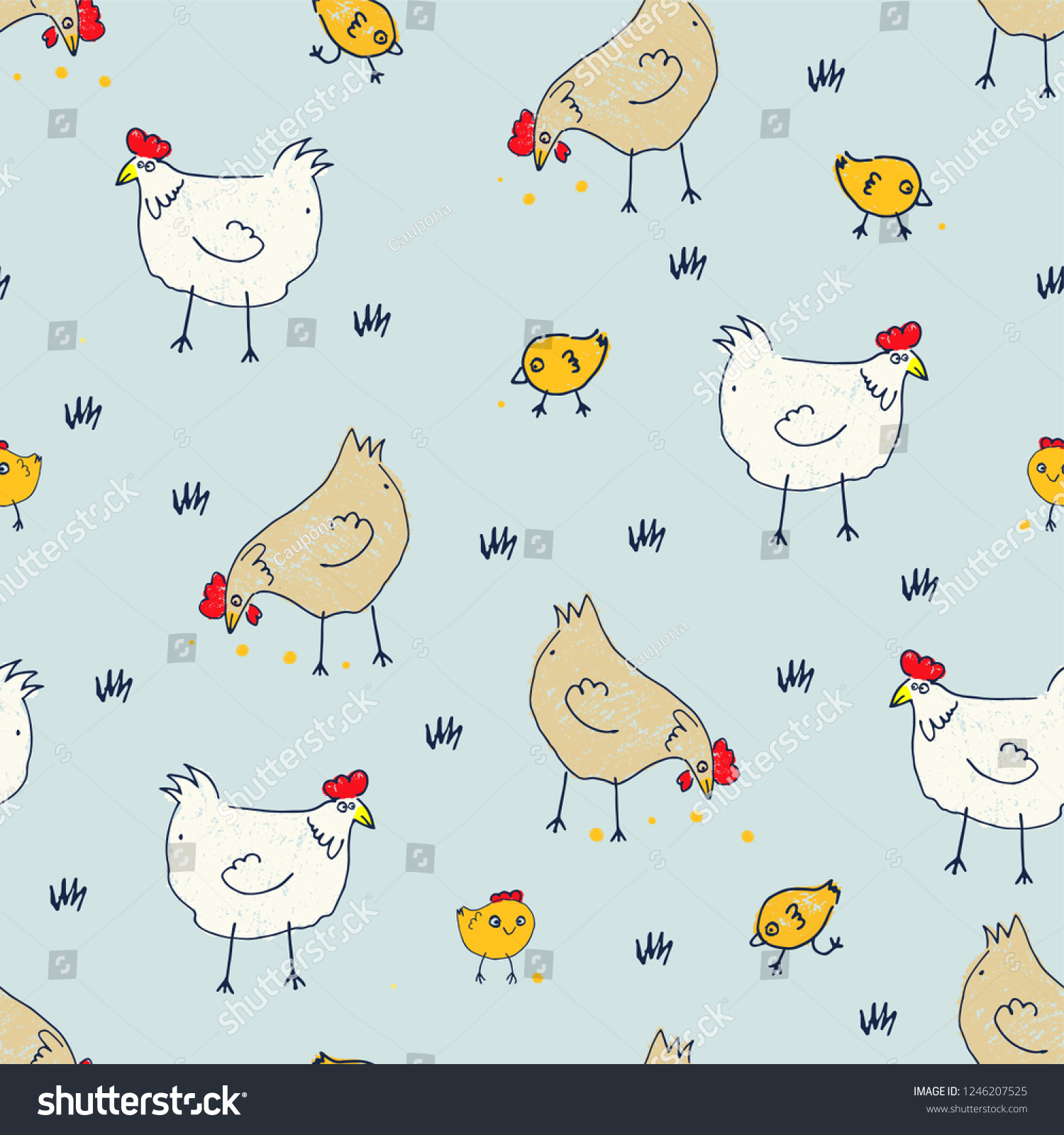 SVG of Vector illustration of seamless texture with funny crazy cartoon sketch hand drawn grain pecking chickens in the courtyard, poultry house, chicken coop, Cock-A-Doodle-Doo! svg