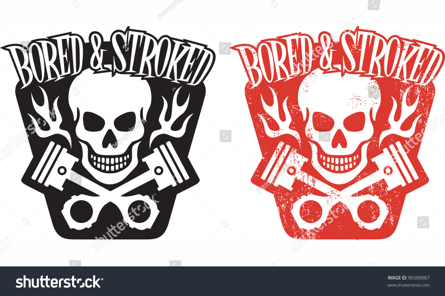 SVG of Vector illustration of skull and crossed pistons with flames and the phrase “Bored and Stroked”. Includes clean and grunge versions. Easy to edit colors and shapes. svg