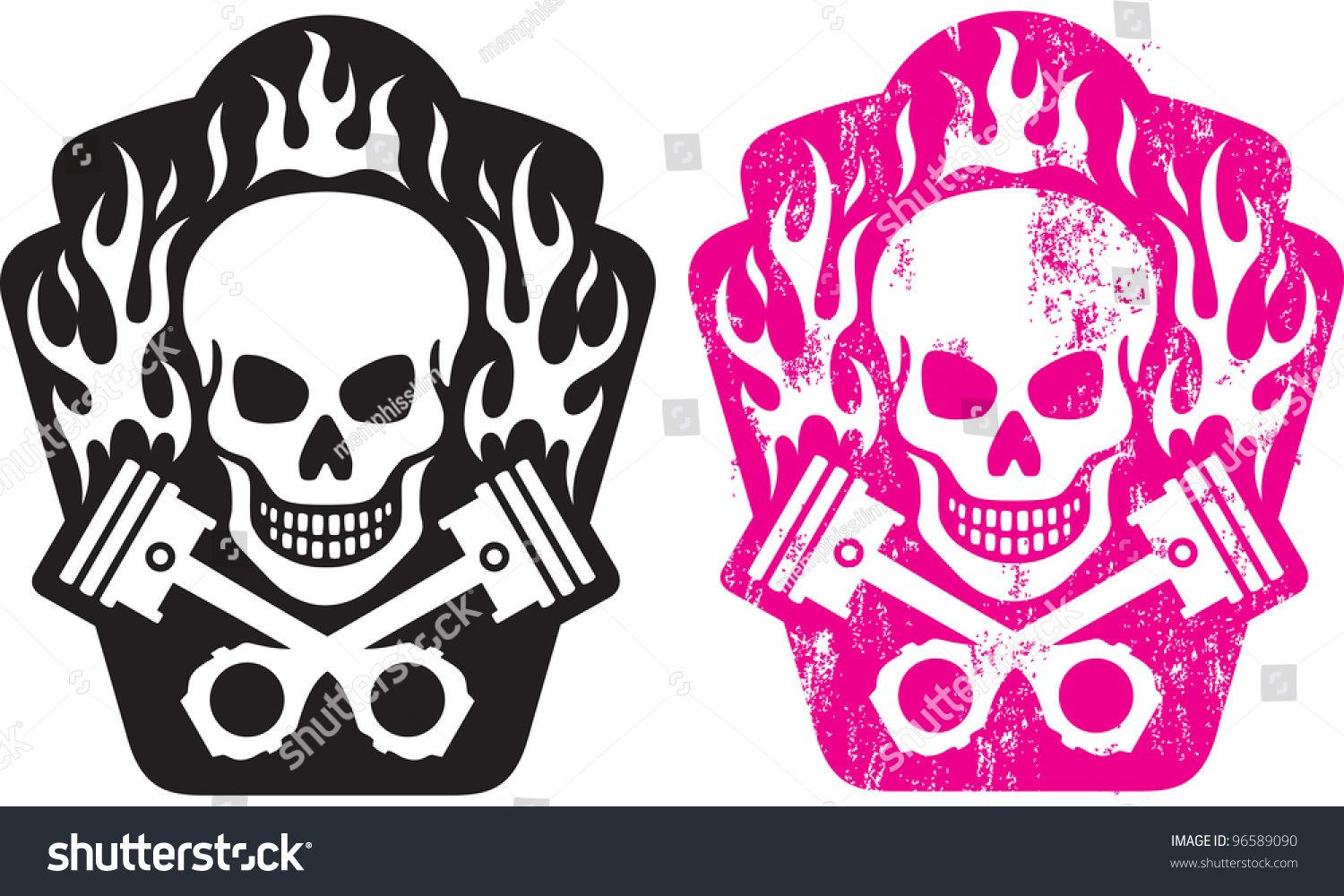 SVG of Vector illustration of skull and crossed pistons with flames. Includes clean and grunge versions. Easy to edit colors and shapes. svg