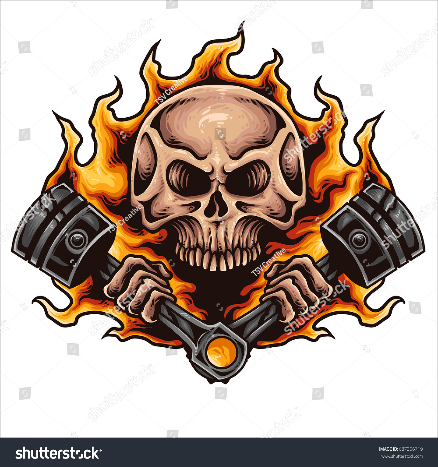 SVG of Vector illustration of skull holding two powerful hot piston with fire flame svg