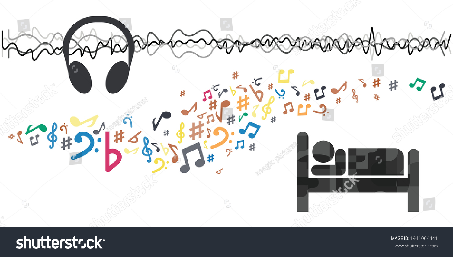 SVG of vector illustration of sleeping person and musical notes and headphones method against insomnia  svg