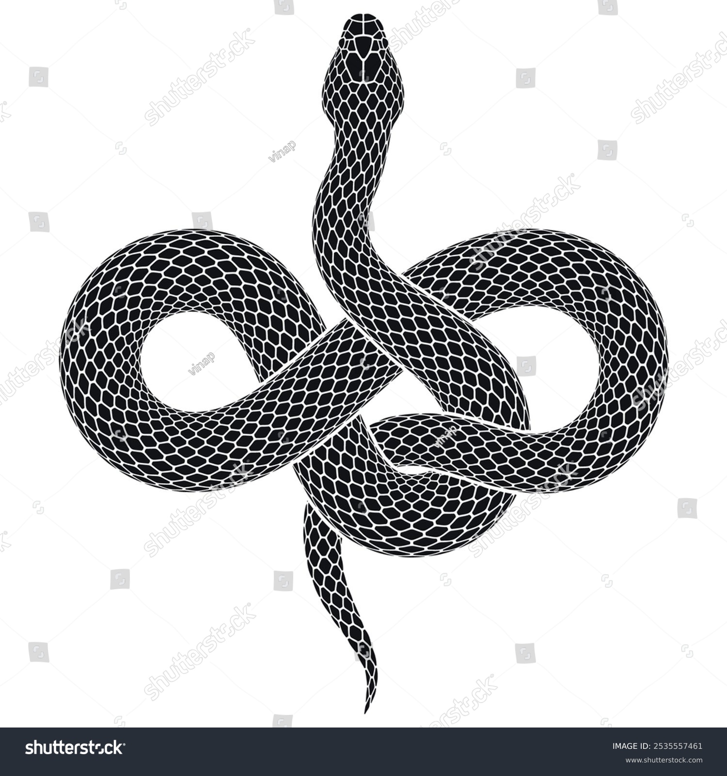 recommend clip art: Vector illustration of snake intertwined in shape of infinity sign. Black serpent silhouette of endless symbol. Isolated tattoo design.