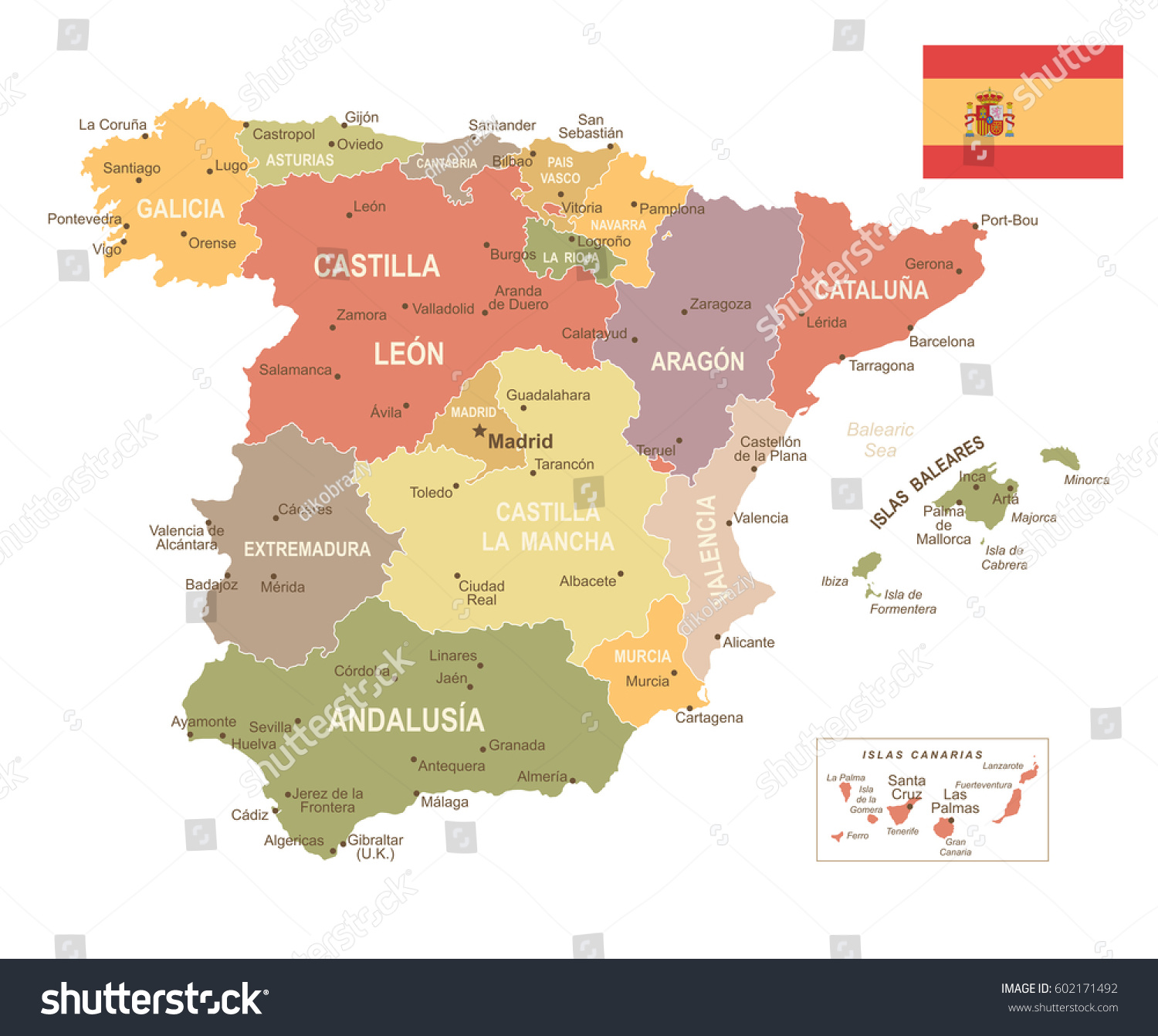 Vector Illustration Spain Map Stock Vector (Royalty Free) 602171492 ...