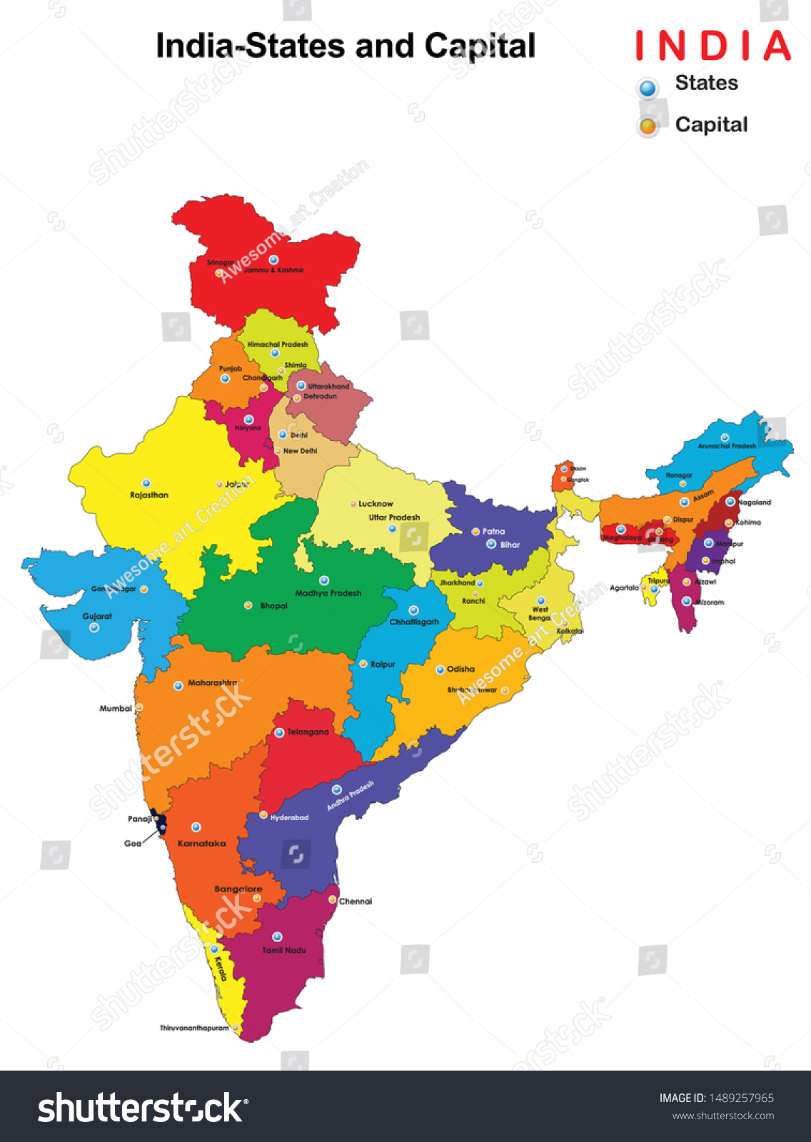 Vector Illustration States Capital Map India Stock Vector (Royalty Free ...