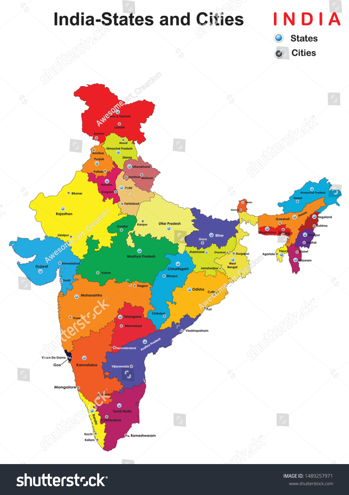 India Map With Cities Vector Illustration States Cities Map India Stock Vector (Royalty Free)  1489257971