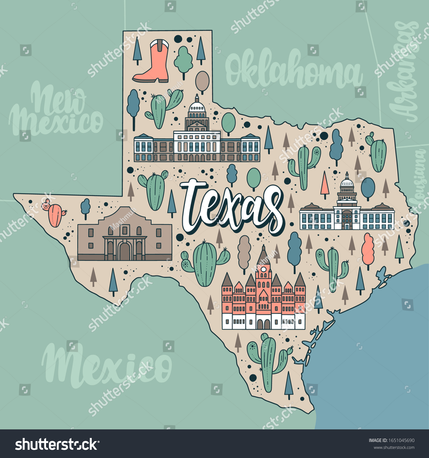 Vector Illustration Texas Map Flat Style Stock Vector Royalty Free 1651045690 9360