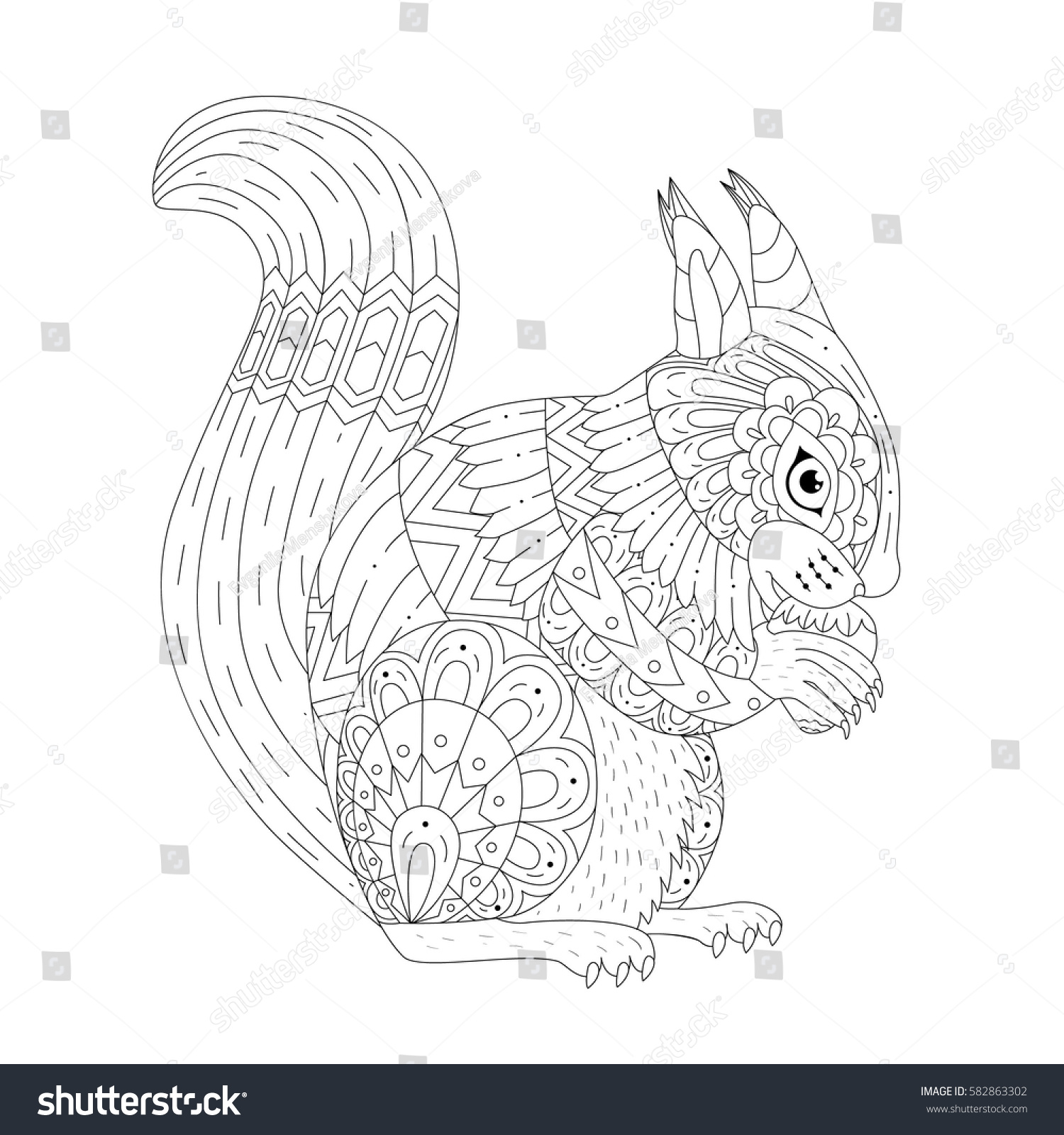 Vector Illustration Of The Squirrel Isolated Black And White Artwork In Ethnic Zentangle