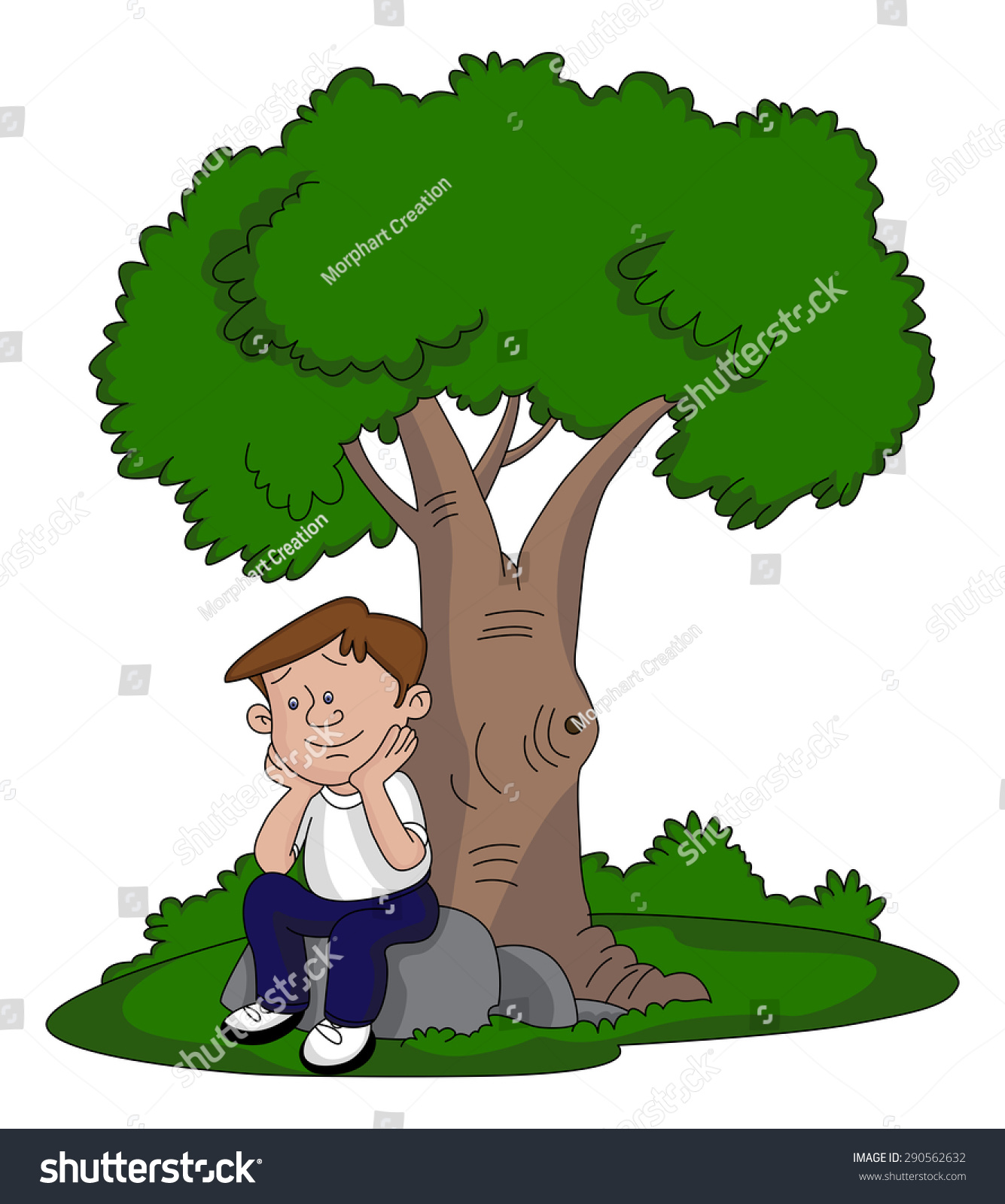 Vector Illustration Of Thoughtful Young Man Sitting Under A Tree ...