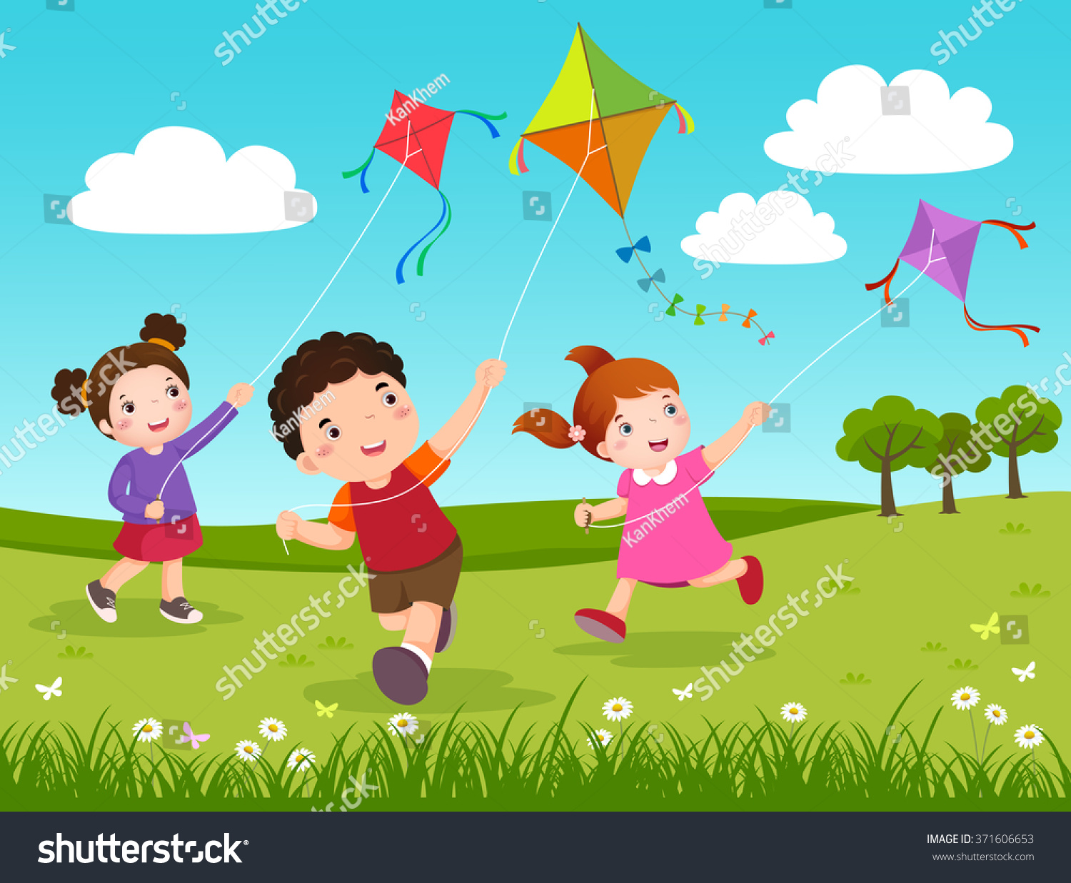 SVG of Vector Illustration of three kids flying kites in the park svg