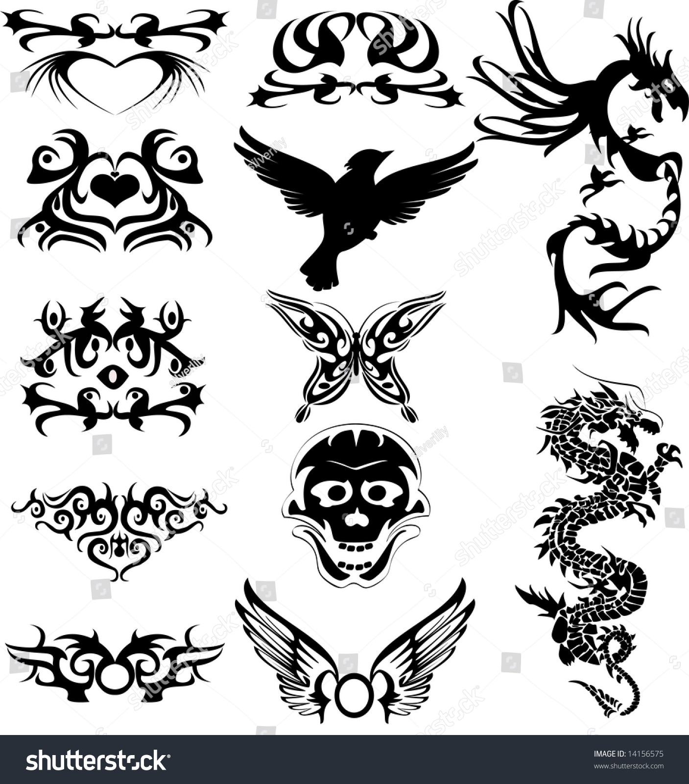 Vector Illustration Of Tribal Tattoos And Silhouette - 14156575 ...