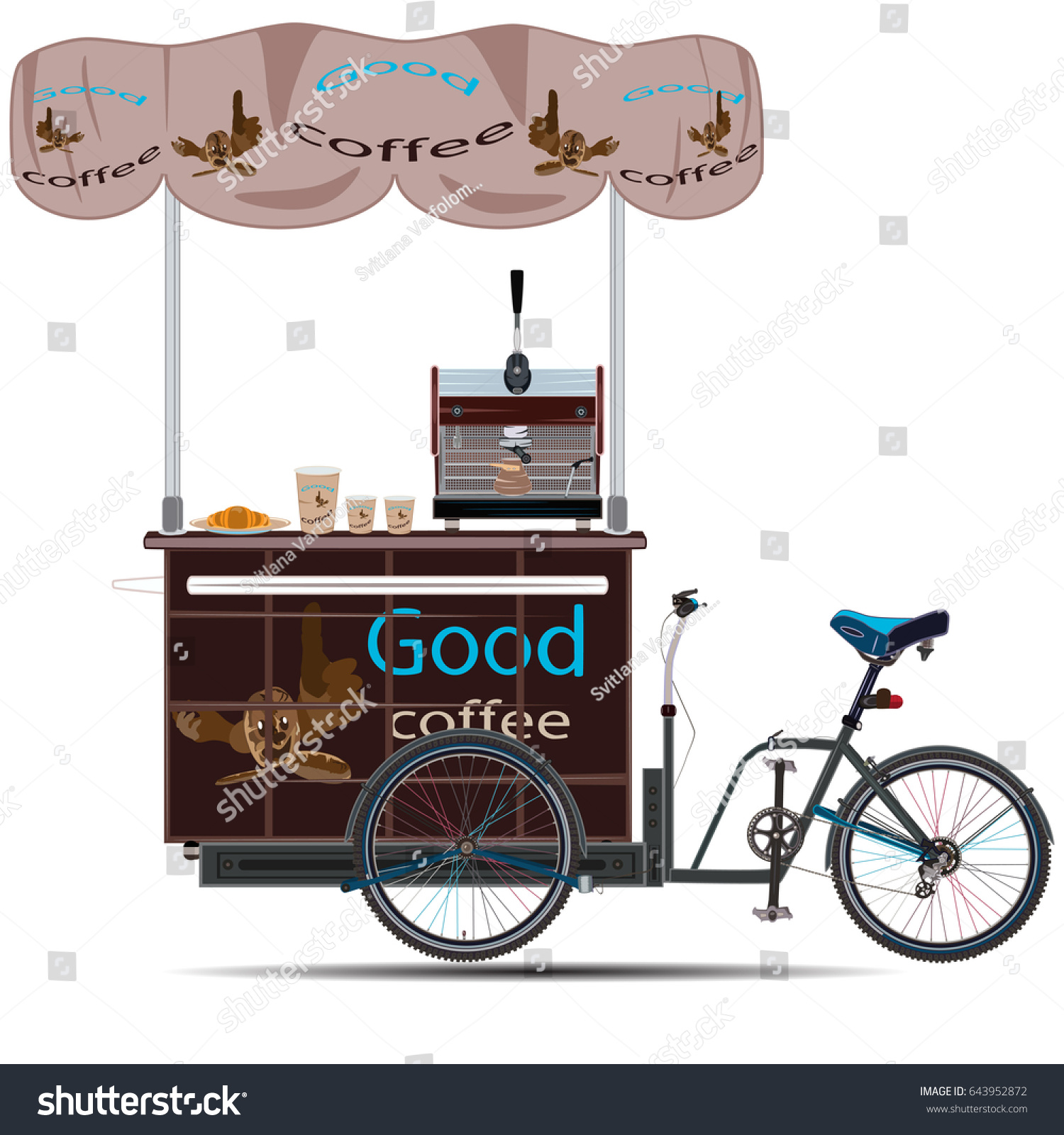 SVG of Vector illustration of tricycles coffee bike isolated on white background. Mobile coffee bike business template in flat style. svg